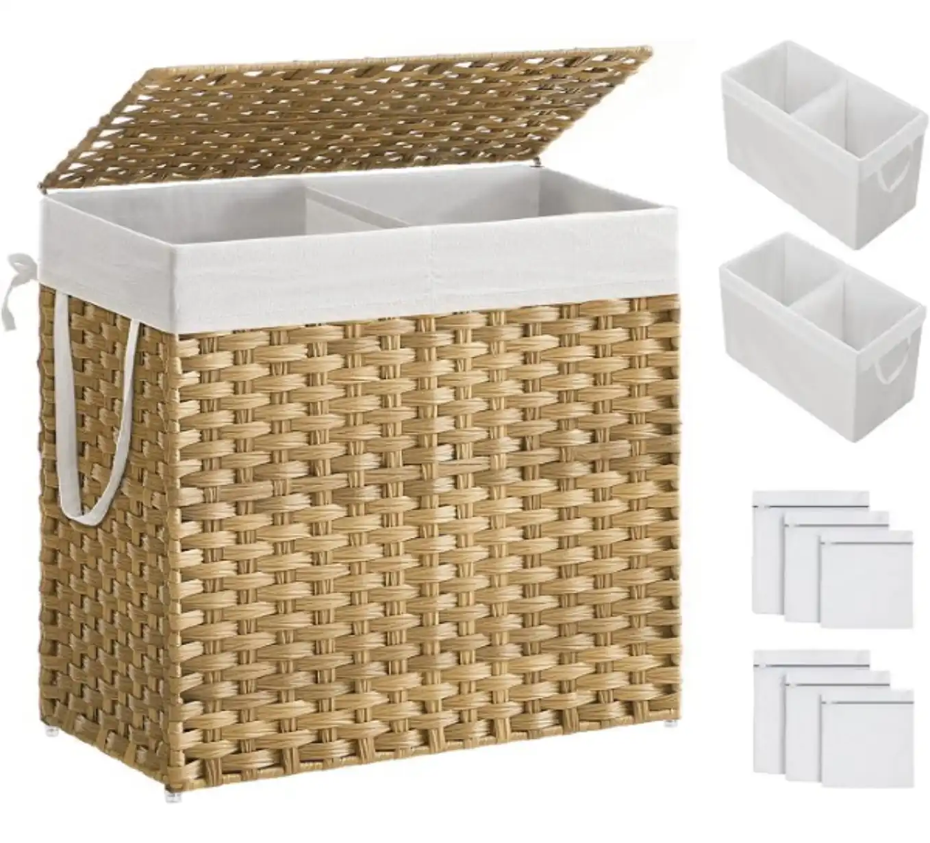 SONGMICS 110L Double Wicker Laundry Hamper Basket with Lid and Liner Bags