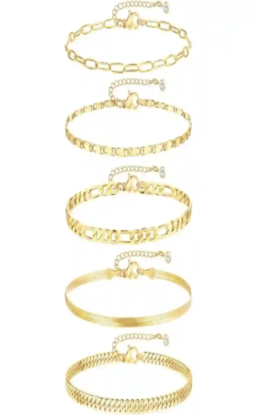 14k Gold Plated Waterproof Cuban Link Chain Anklets Set Layered Ankle Bracelets 5pcs