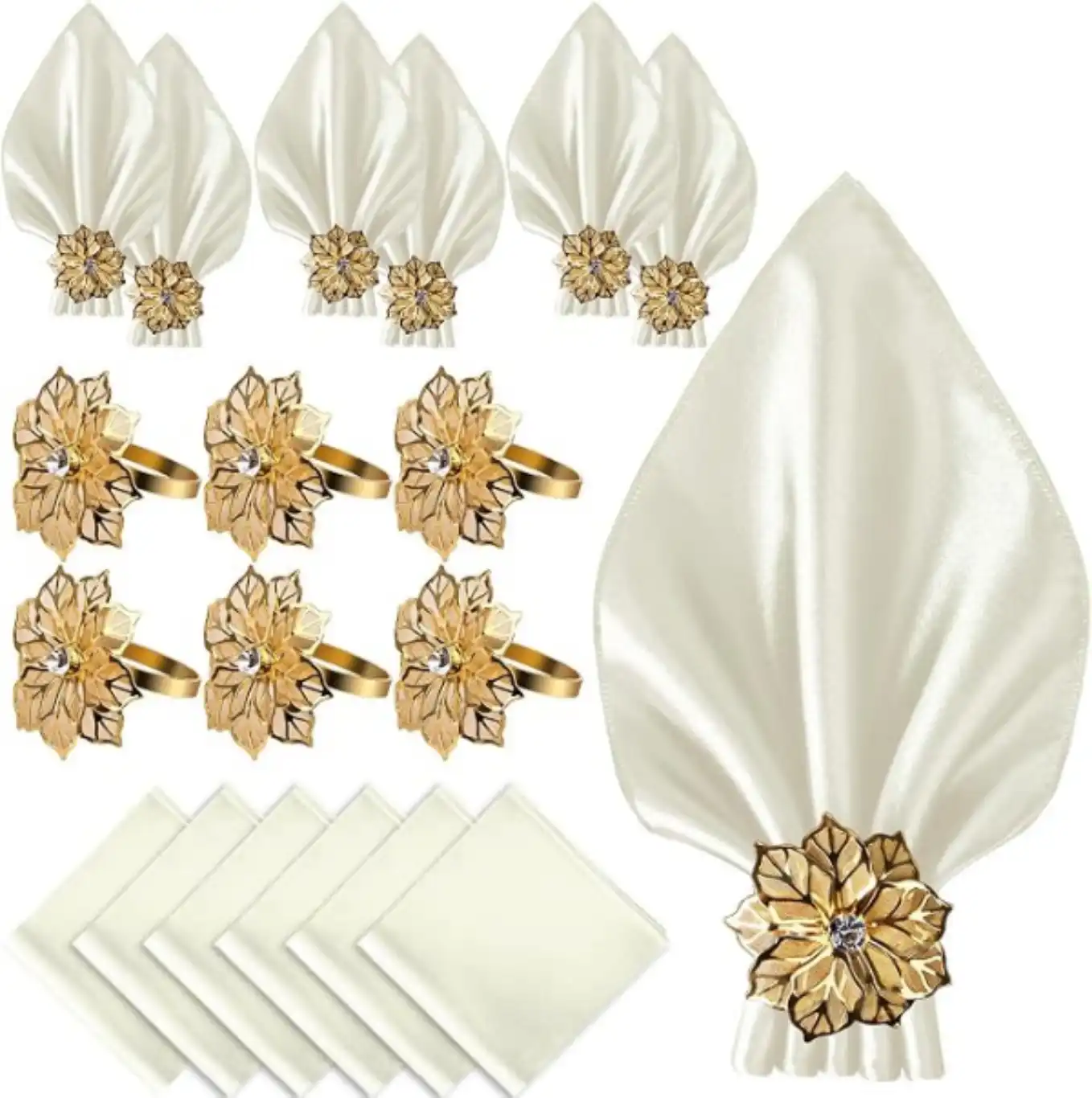 CROWN GUIDE Gold Napkin Rings and Ivory Satin Cloth Napkins Set of 12 for Wedding Party Table Decor