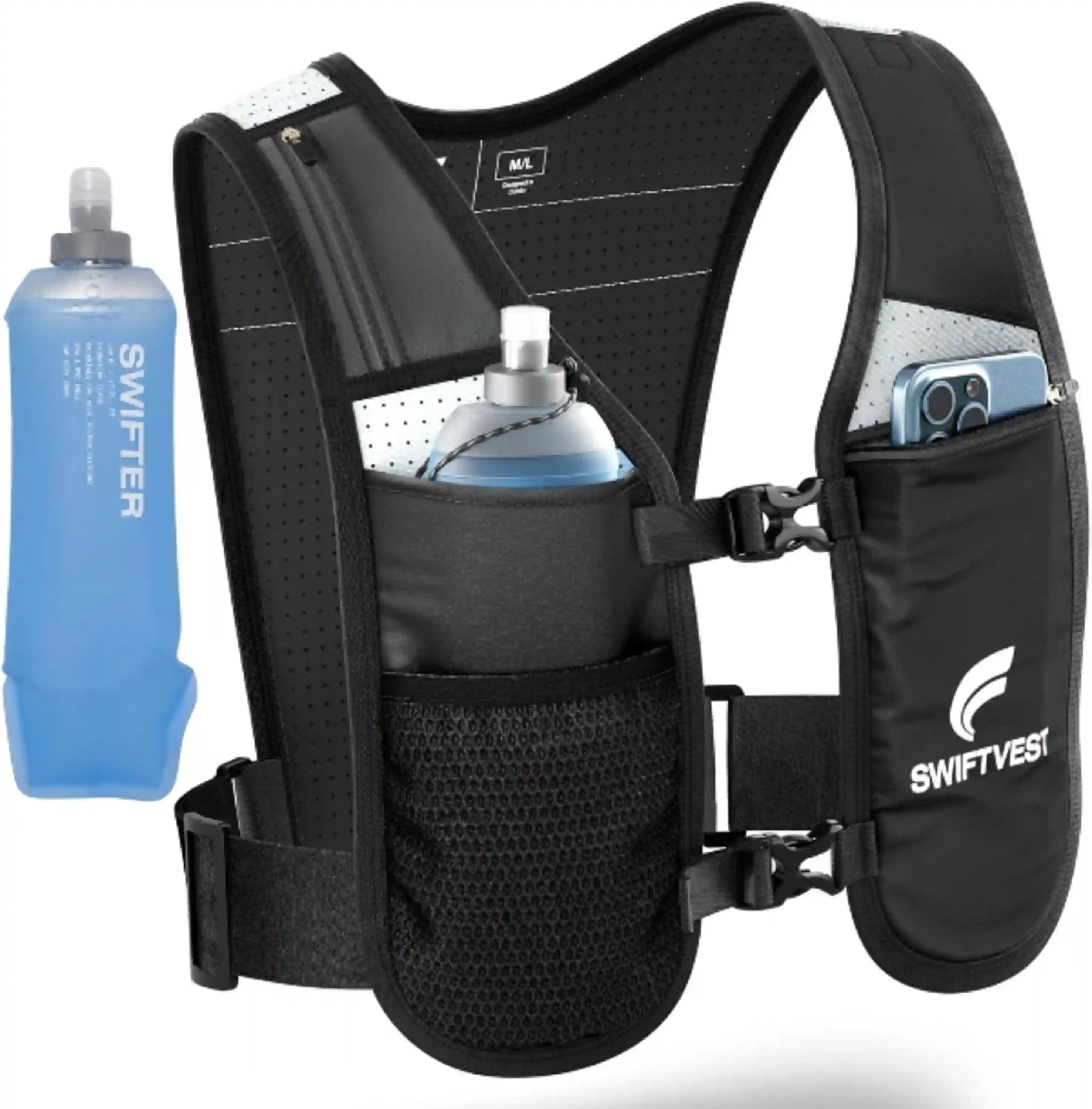 SWIFTVEST Running Phone Holder Vest with Water Bottle Reflective Hydration Vest