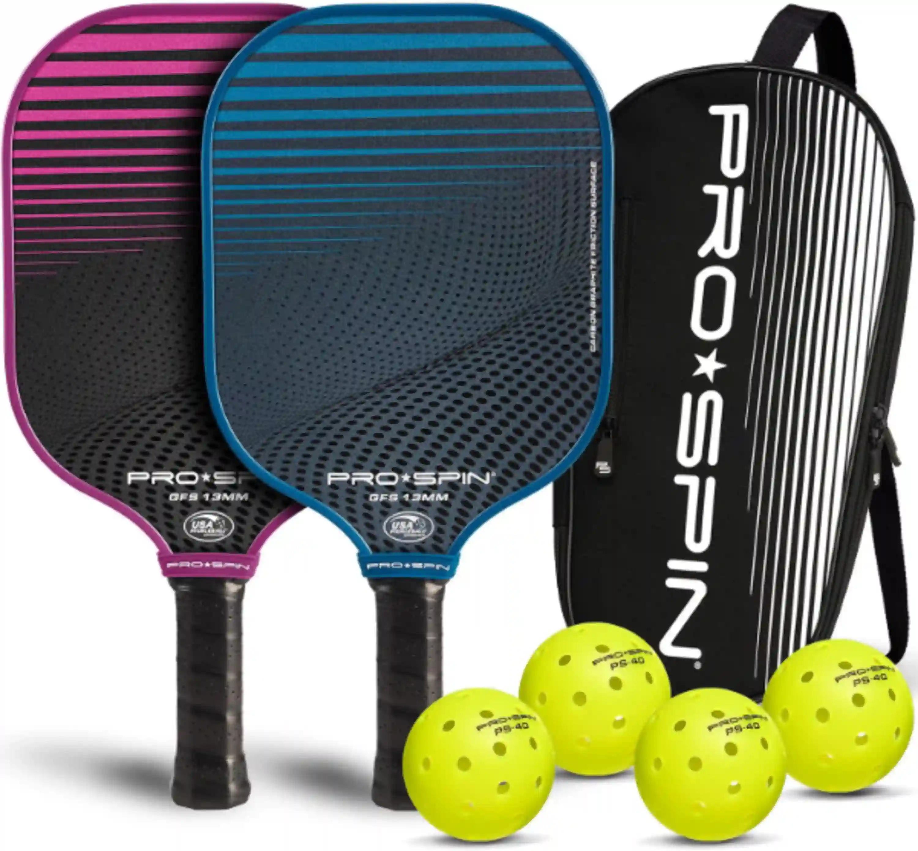PRO-SPIN Carbon Fiber Pickleball Paddles Set Lightweight Set with Indoor Outdoor Balls and Bag