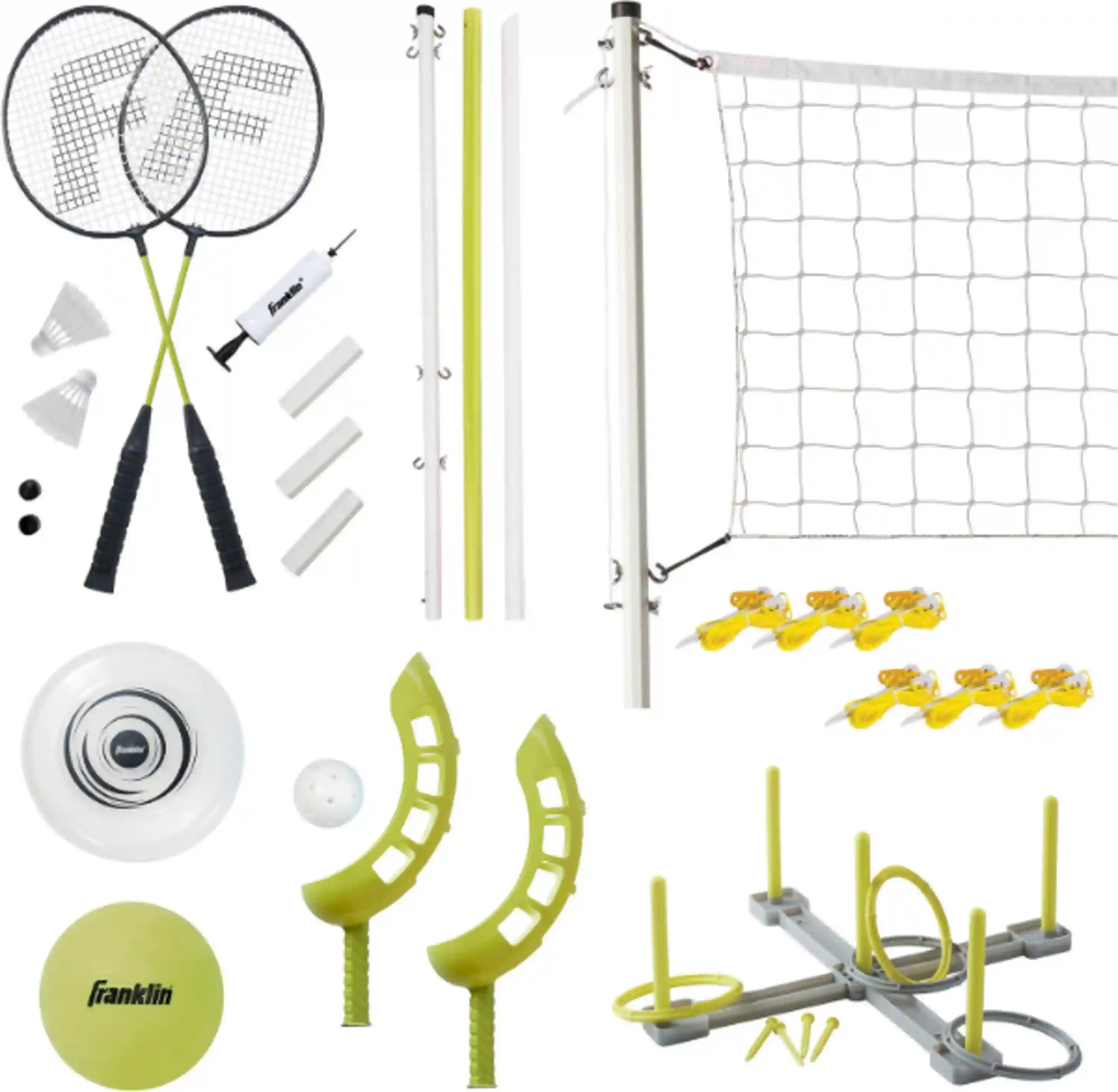 Franklin Sports Outdoor Fun Five Combo Game Set with Volleyball Badminton Ring Toss Flip Toss Flying Disc
