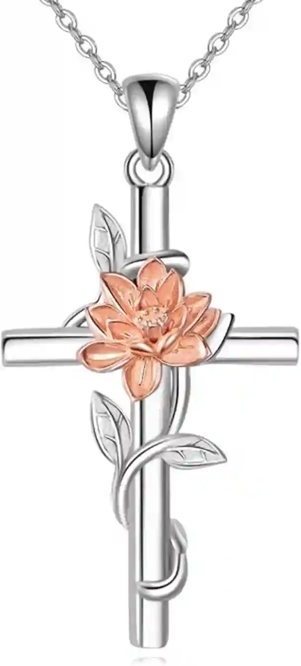 Flower Cross Necklace 925 Sterling Silver Lotus Birth Flower Cross Pendant Jewelry