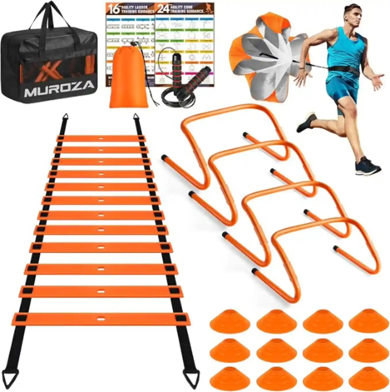 20ft Agility Speed Training Equipment Set with Ladder Hurdles Cones Parachute