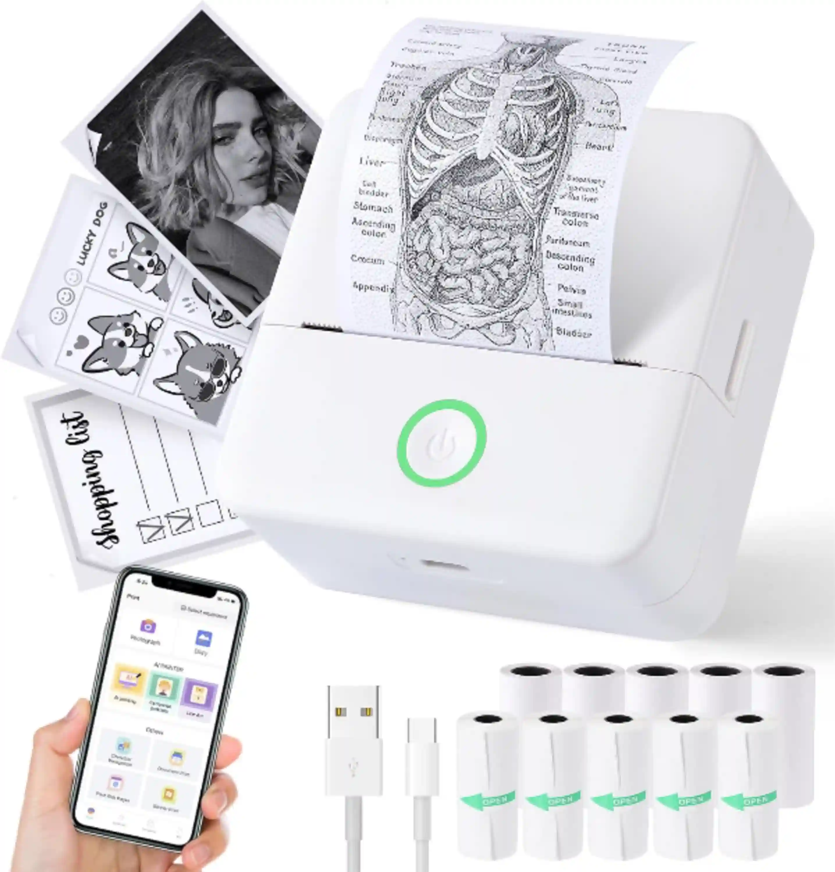 Cudinham Mini Sticker Printer, X6 Print Pod with 10 Rolls Thermal Paper