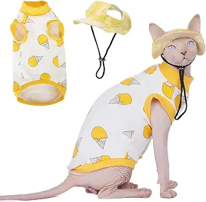 Sphynx Cat Shirt & Sun Hat Set – Breathable Stretchy Hairless Cat Clothes (Yellow Ice Cream, Size XL)