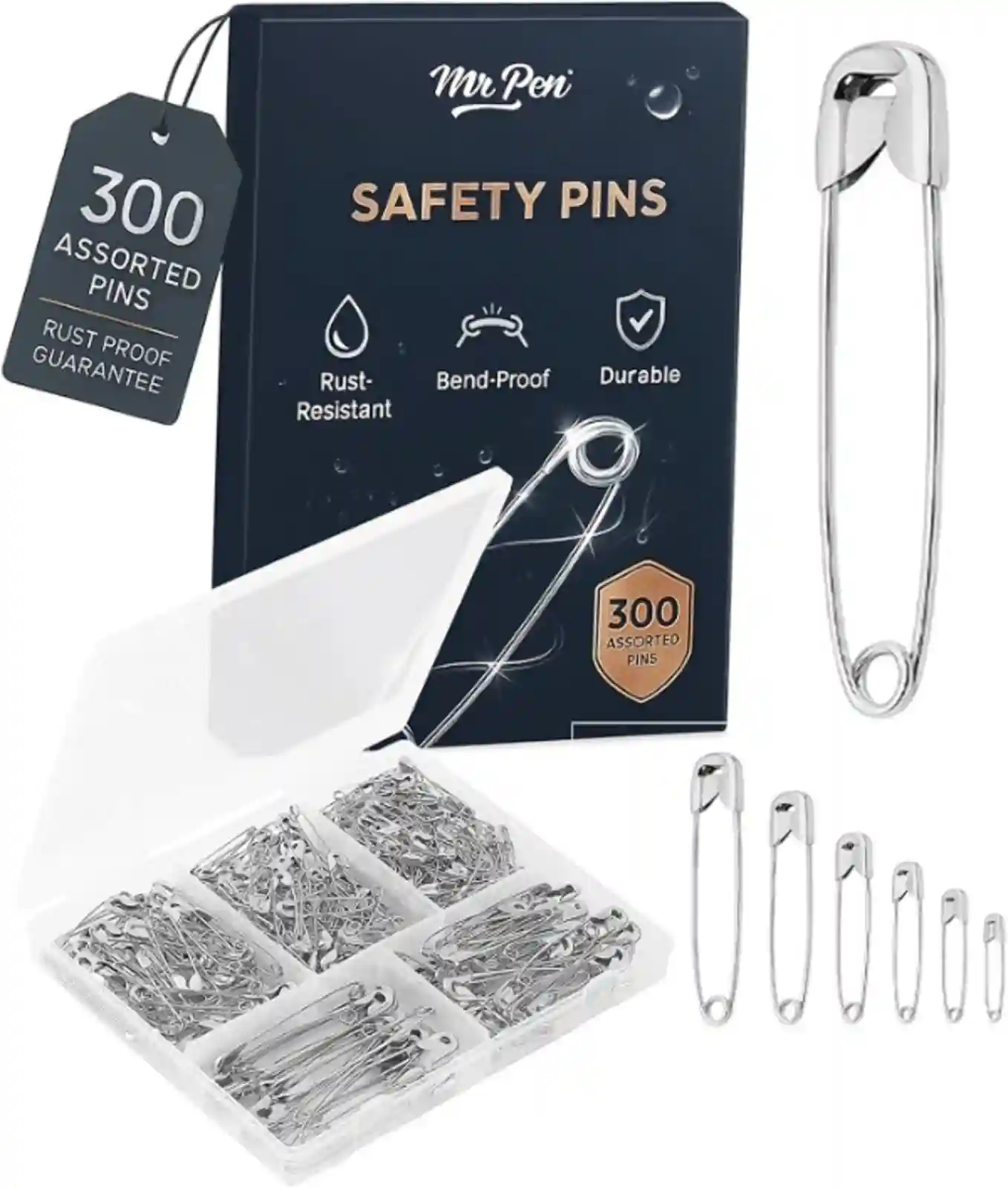 Mr. Pen Safety Pins 300 Pack Rust Resistant Nickel Plated Steel