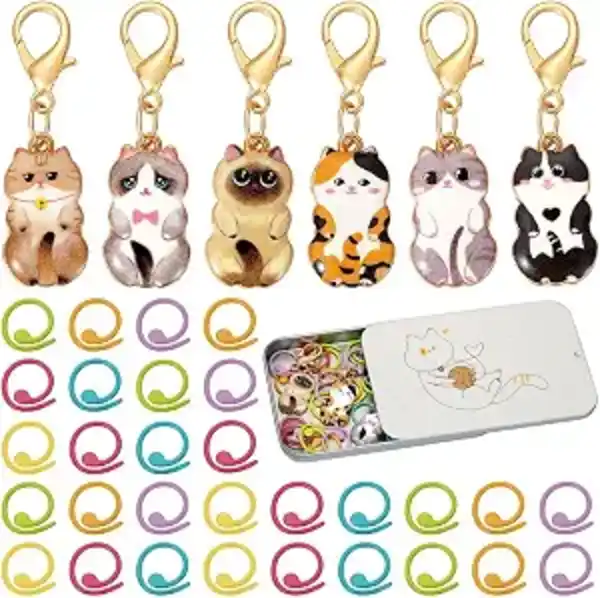 TOHONGADON 36 Piece Metal Crochet Stitch Markers Set with Cute Cat Locking Clasps and Durable Rings