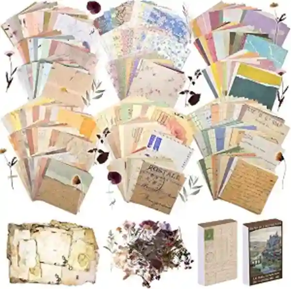 Naszonus 565 Pcs Vintage Scrapbook Paper Kit Decorative Paper and Floral Stickers