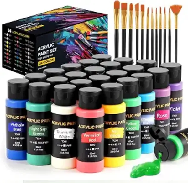 TMOL Acrylic Paint Set 24 Vibrant Colors 2 oz Bottles with 12 Brushes for Canvas Wood Ceramic Fabric