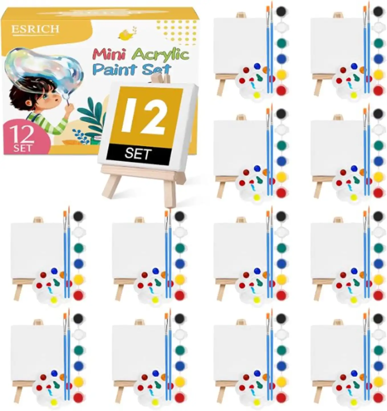 ESRICH 12 Set Mini Acrylic Paint Kit with Stretched Canvases and Wooden Easels