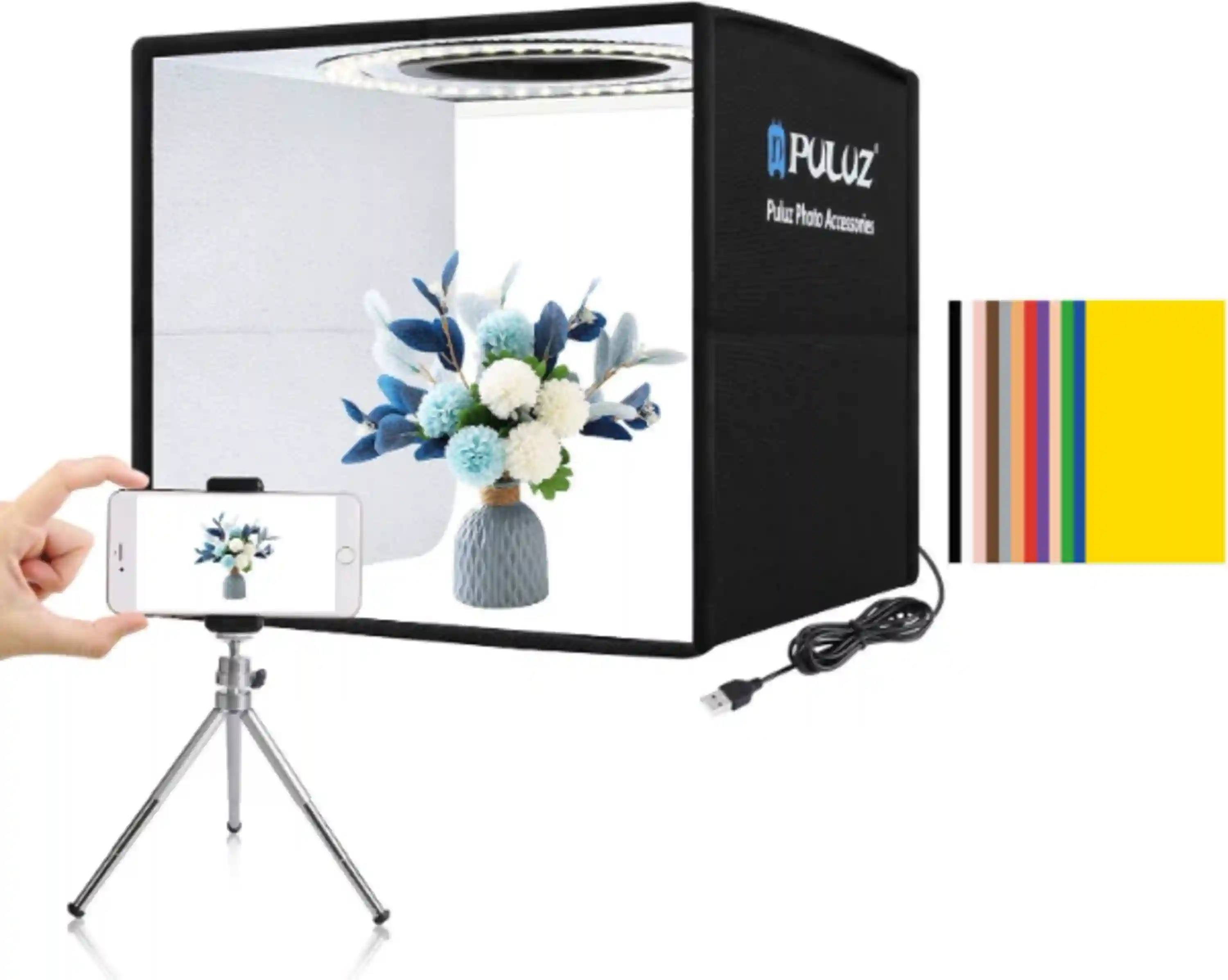 PULUZ Mini Photo Studio Light Box, 10"x10" Portable Folding Photography Lightbox with CRI >95 104pcs LED Light & 6 Kinds Double-Sided Color Backgrounds for Small Products