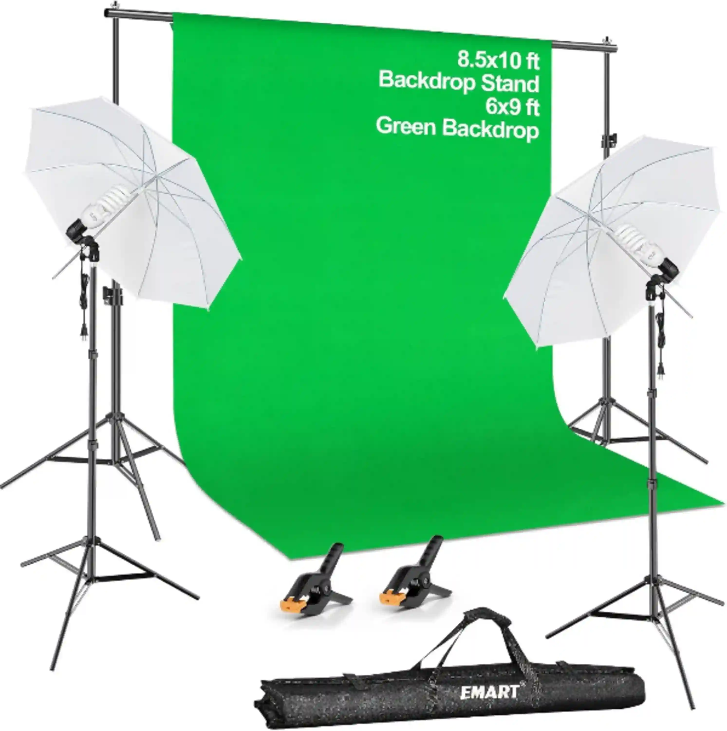 Click to see full view EMART 8.5x10FT Green Screen Backdrop Kit with Umbrella Lights for Studio