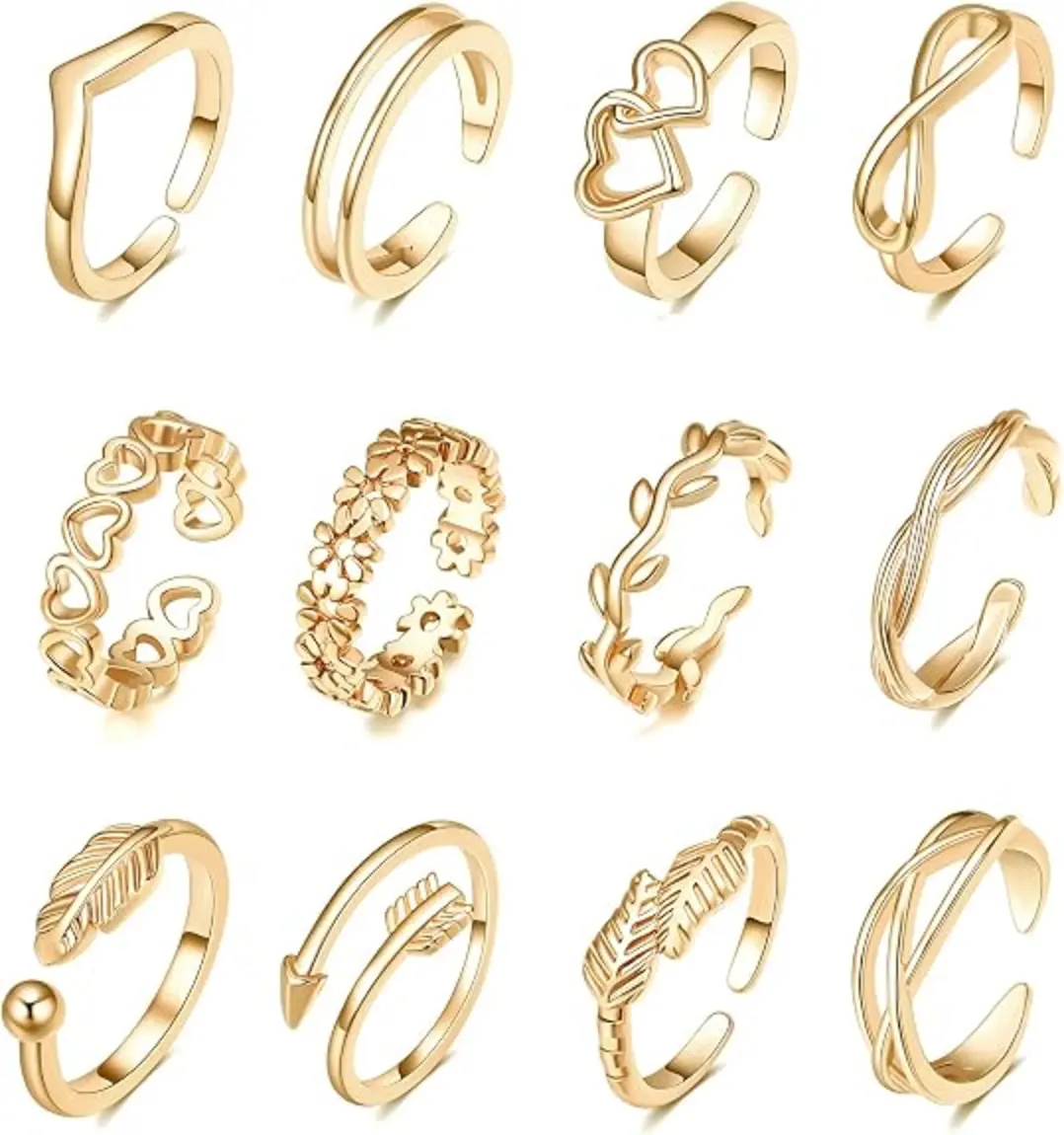 TOBENY 12PCS Gold Toe Rings Adjustable Non Tarnish Open Set