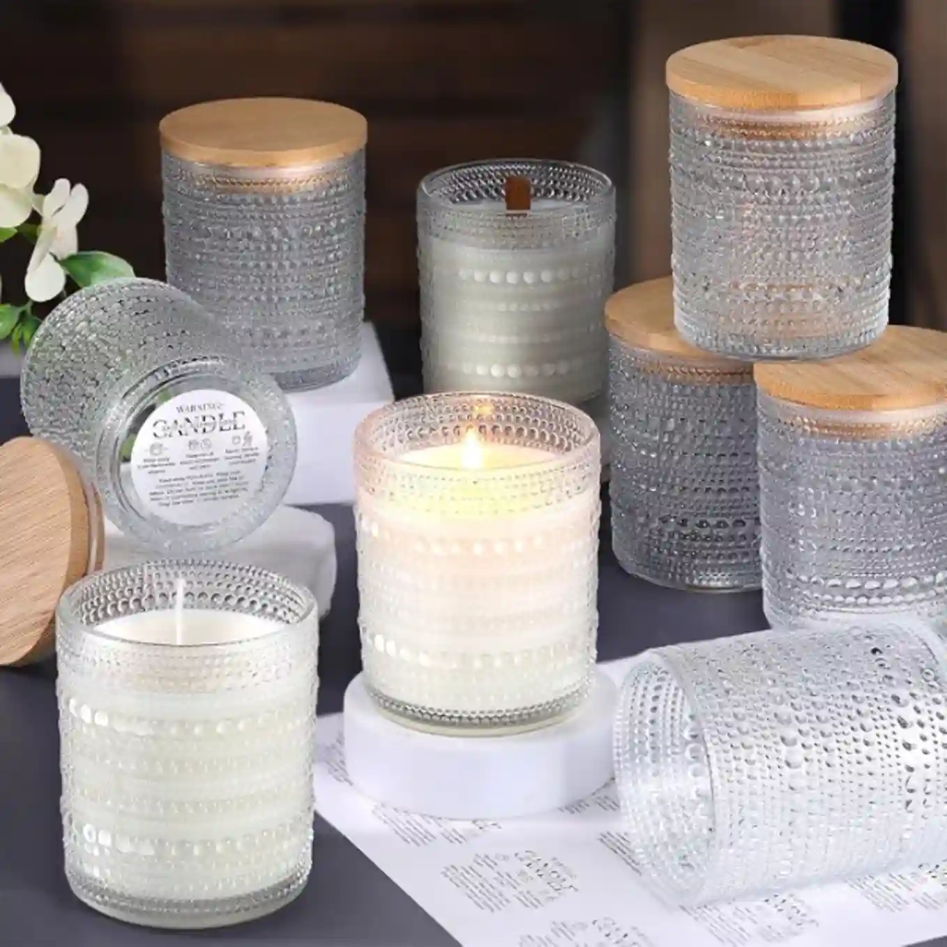 DARJEN Twelve Piece Ten Ounce Glass Candle Jars Set with Airtight Wood Lids and Safety Warning Labels