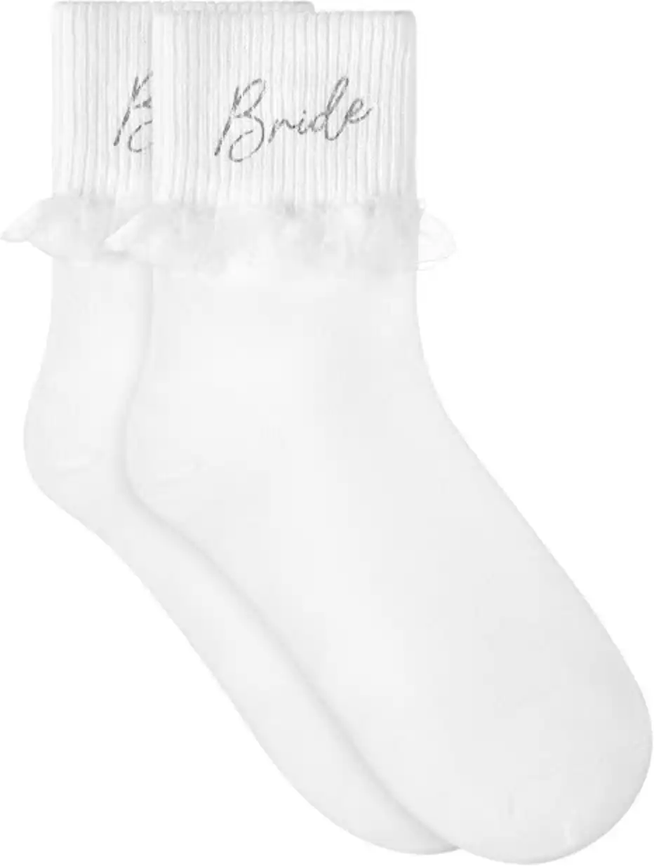 Glitopper Wifey Bride Crew Socks White Cotton Wedding Socks with Blue Lace Trim and Embroidery