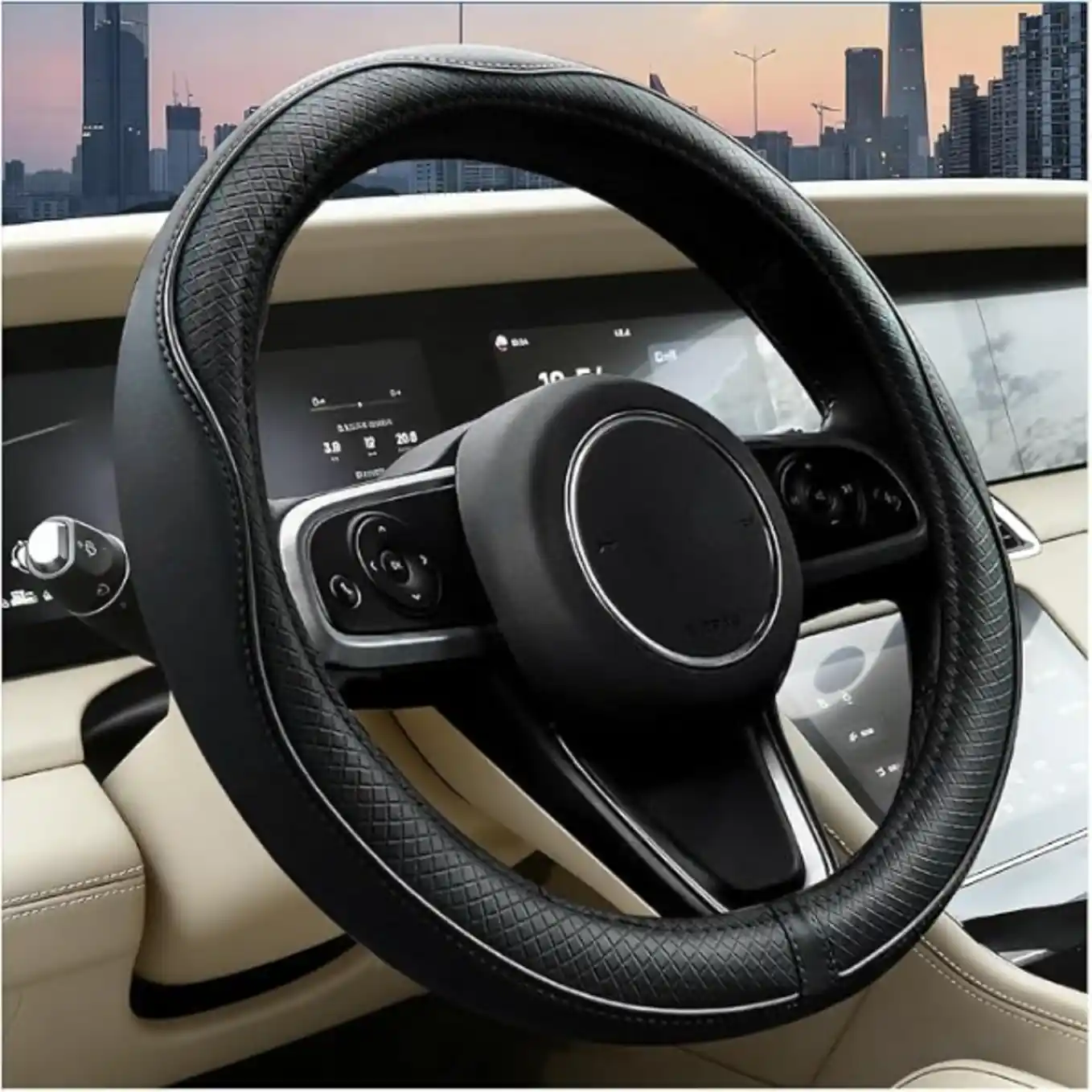 Car Steering Wheel Cover, 14.5-15" Cool Breathable Leather Steering Wheel Protector with Non-Slip Grip, Auto Interior Decor Protector Accessories, Universal for Truck Van Sedan (Black)