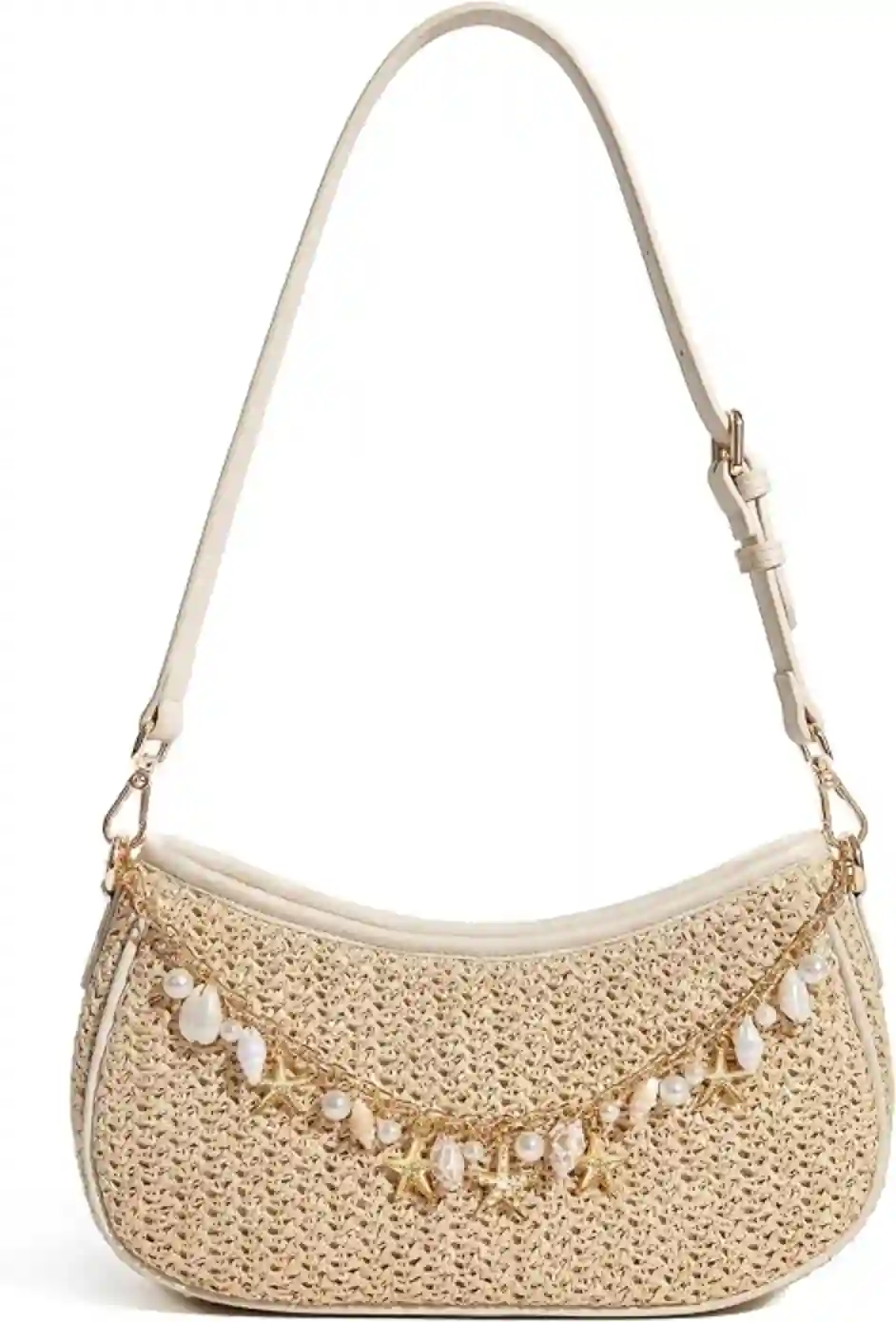 Straw Shoulder Bag for Women Raffia Woven Beach Vacation Purse with Seashell Charm Chain