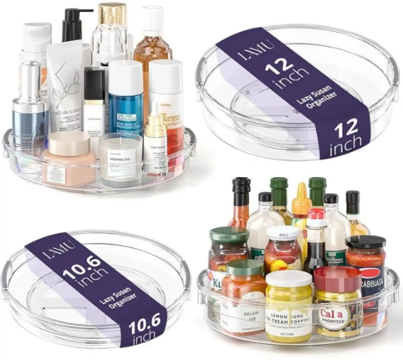 LAMU 4 Pack Clear Lazy Susan Turntable Organizer Set 12in and 10.6in