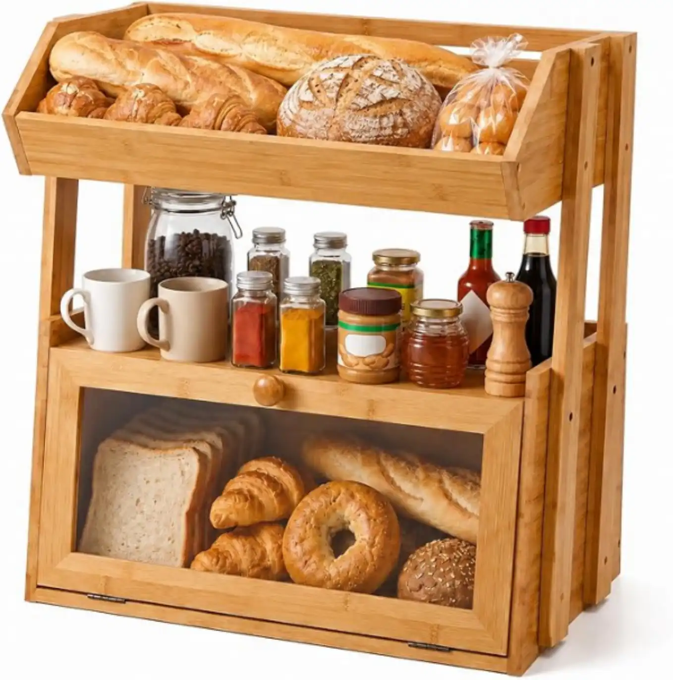 YanKiTour 3 Tier Bamboo Bread Box with Fruit Basket for Kitchen Countertop
