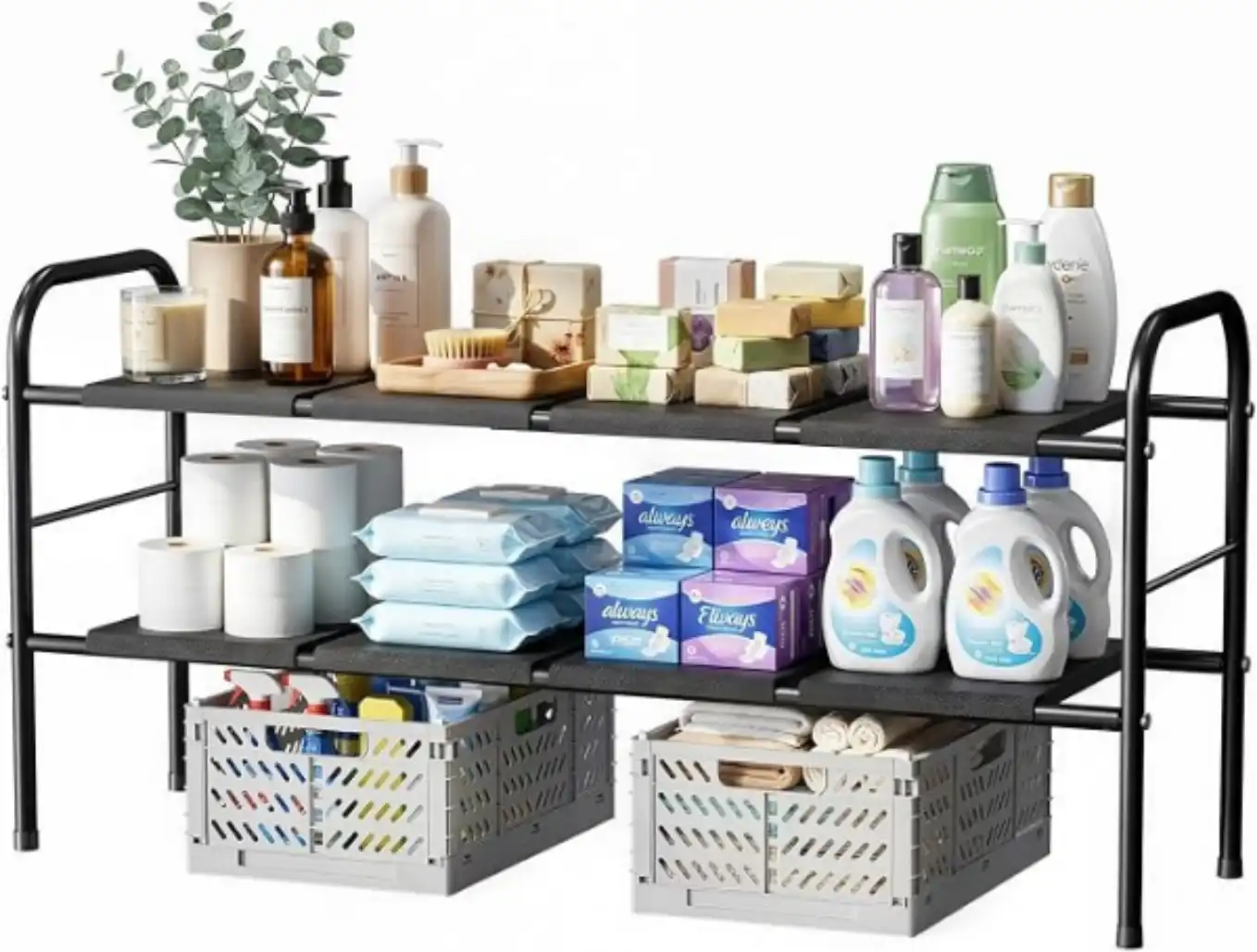 Nuovoware Two Tier Expandable Under Sink Organizer Height Adjustable Carbon Steel Storage Rack