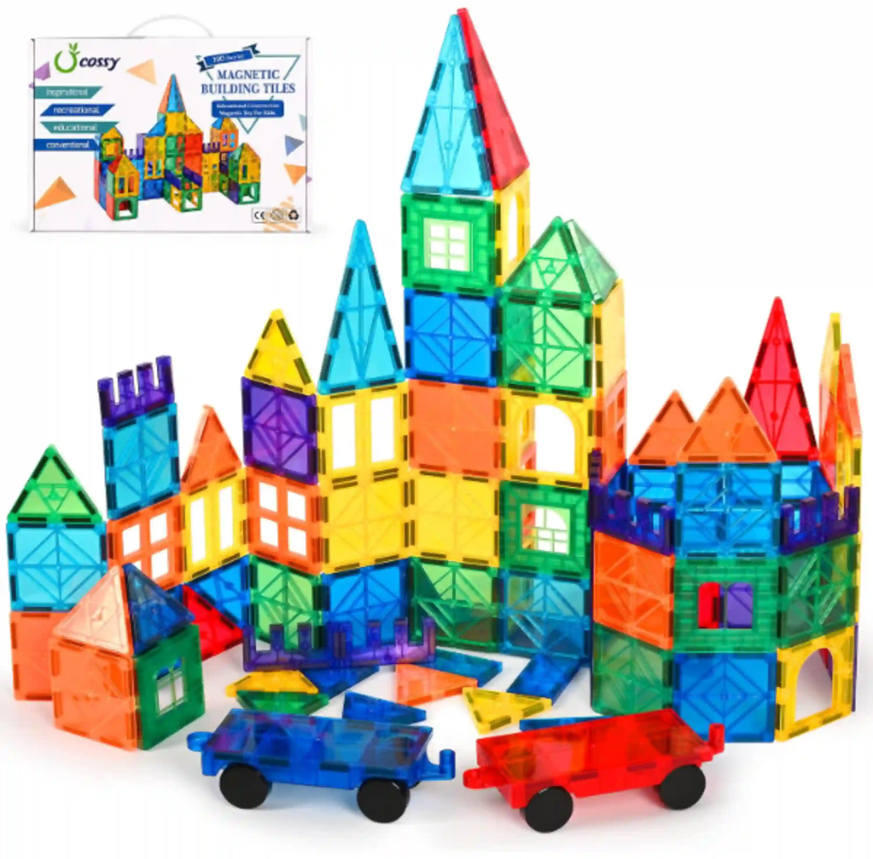 cossy 100 Pcs Magnetic Tiles Set with 2 Cars Educational Toys
