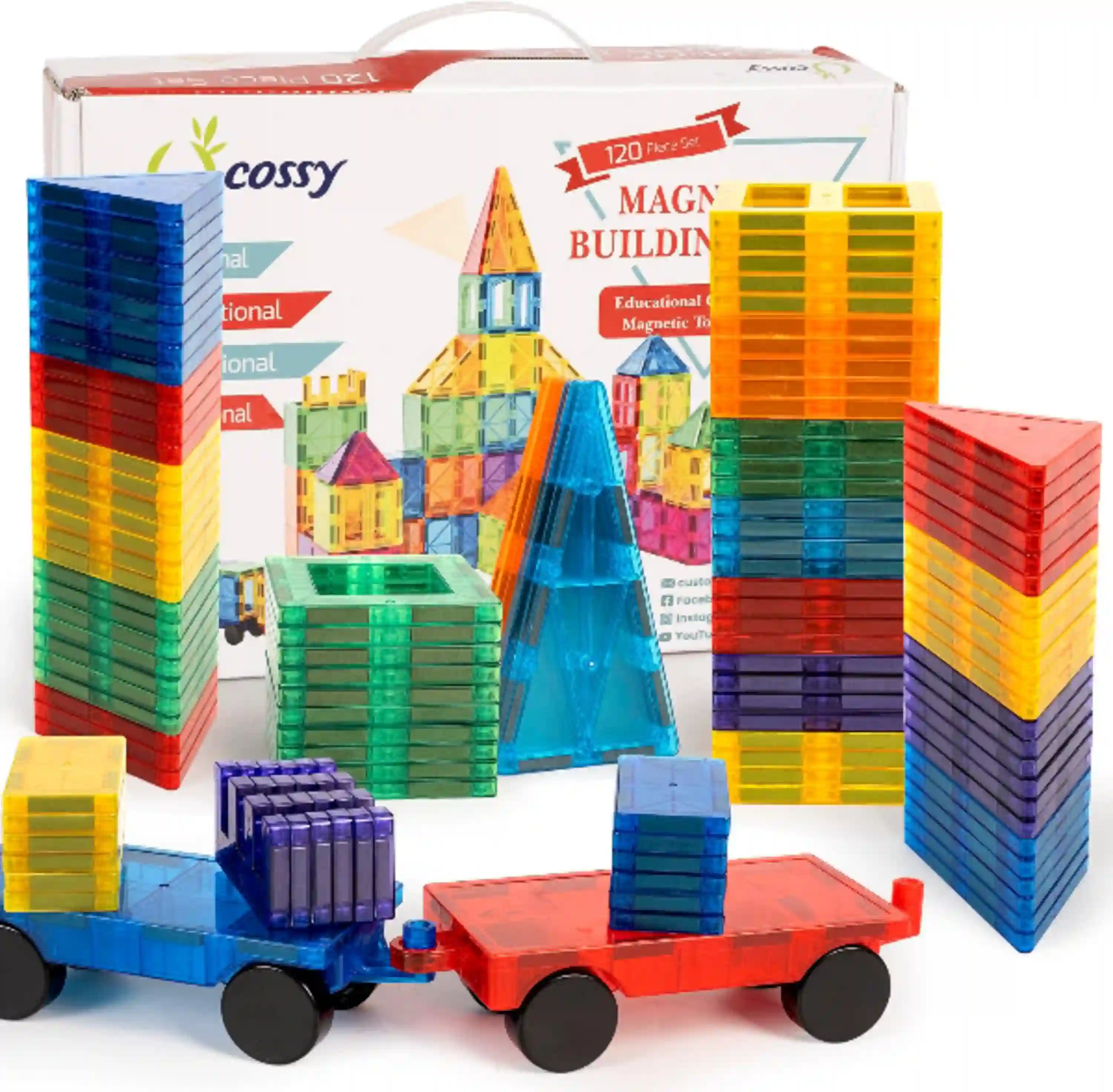 cossy 120 Pcs Magnetic Tiles 3D Magnetic Blocks Set with 2 Cars