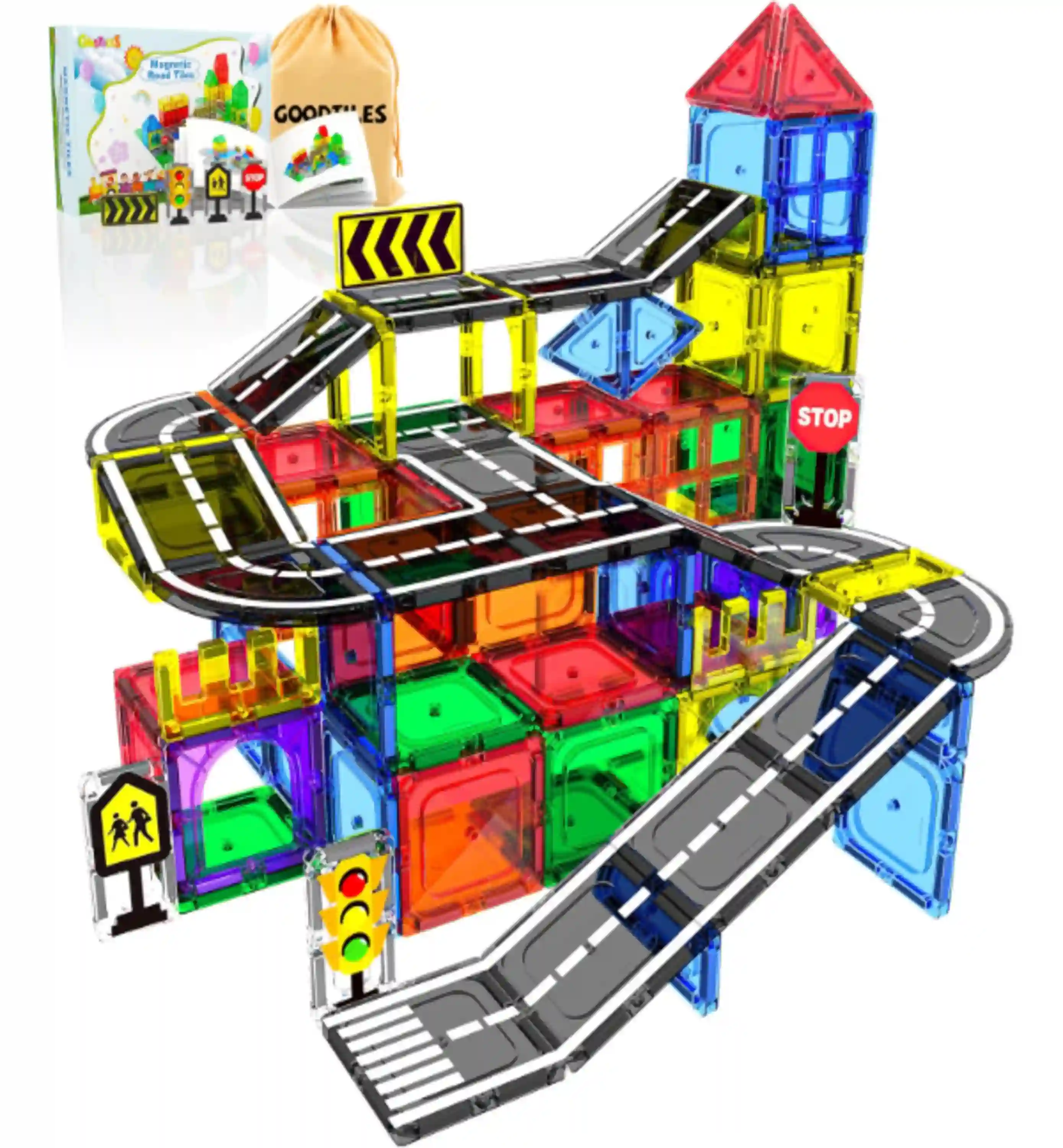 Goodtiles Magnetic Tiles City Road Set Preschool STEM Sensory Building Blocks