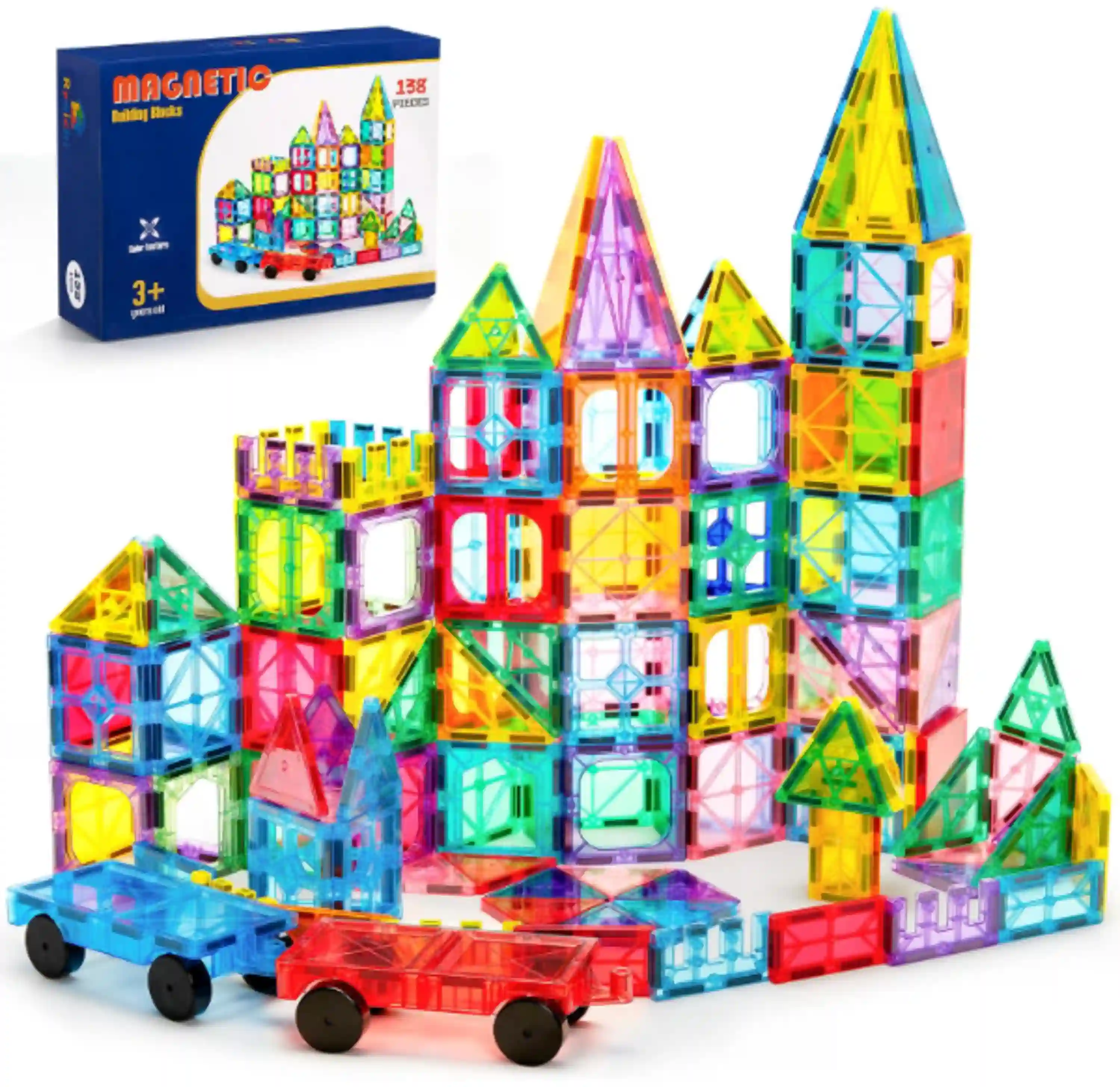Ryoichi 138PCS Magnetic Tiles Set with 2 Cars for Kids STEM Educational Construction Blocks