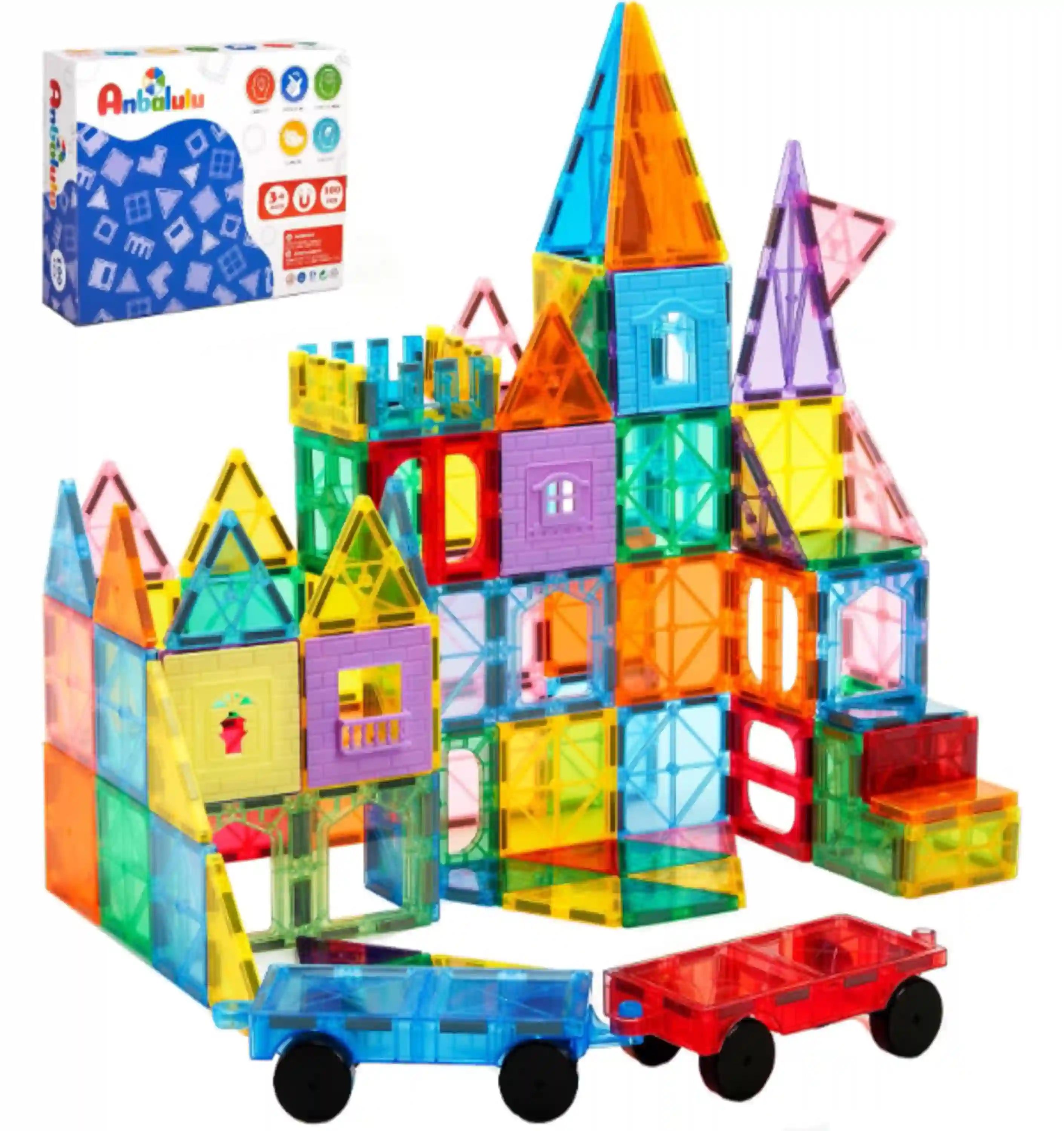 Anbalulu Magnetic Tiles 100PCS with 2 Cars Set for Kids Ages 3 to 9 STEM Blocks