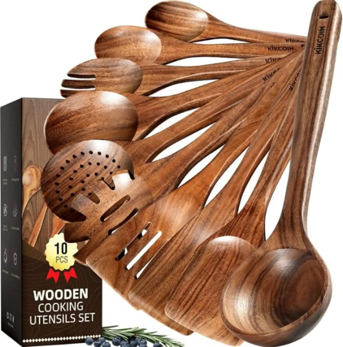 Kikcoin 10 Piece Durable Natural Teak Wooden Cooking Utensil Set with Comfort Grip