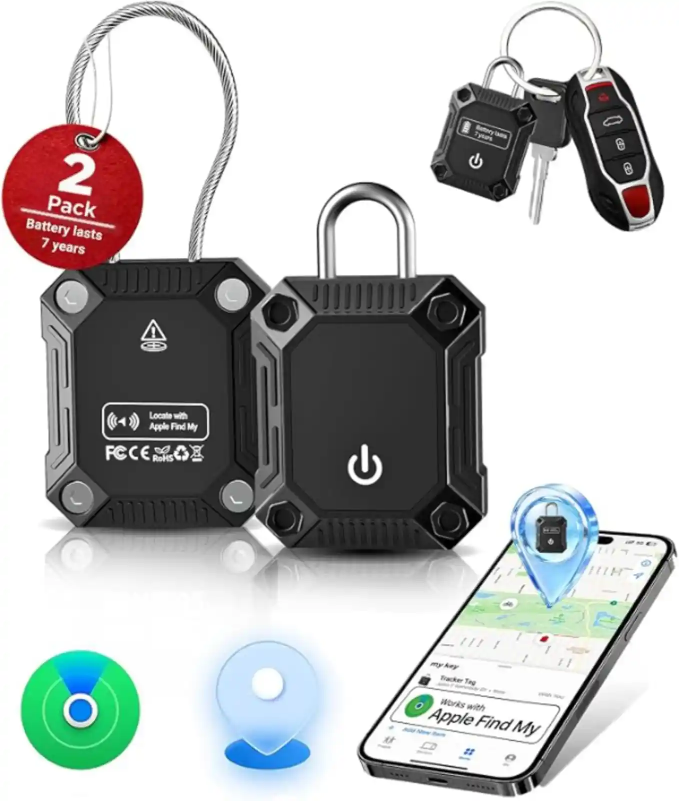 Tracker Tag 2 Pack(iOS Only), Bluetooth Trackers for Apple Find My, 7-Year Battery Life, IP68 Waterproof, Item Finders Smart Tag for Keys, Luggage, Backpack-[Apple MFi Certified]
