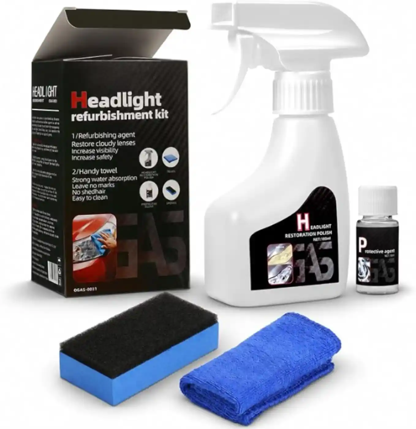Headlight Restoration Kit, Multifunctional Automotive Headlight Cleaner Oxidized and Yellowed Head Light Restoring Kit for All Vehicle Types (Black)