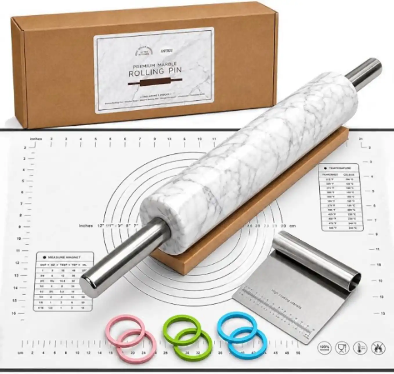 Premium White Marble Rolling Pin Set with Wooden Stand, Pastry Mat, Scraper, and Thickness Rings