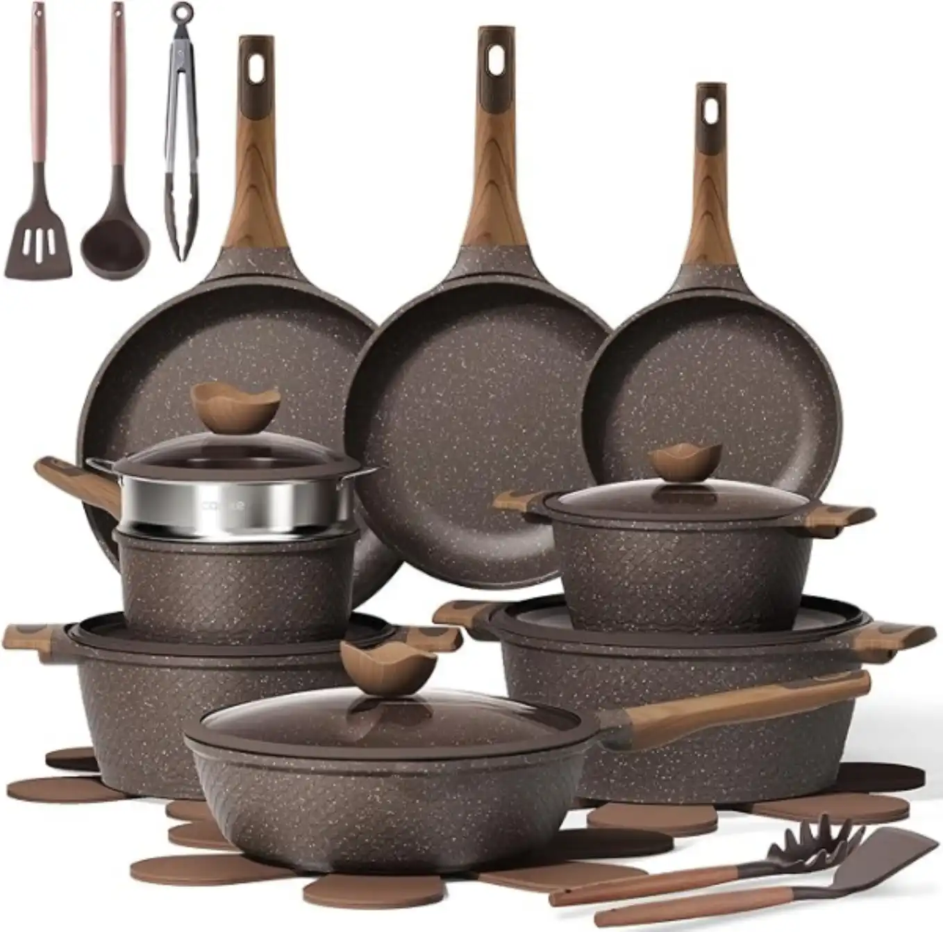 CAROTE Twenty-Six Piece Nonstick Pots and Pans Set with Textured Exterior and Silicone Sealed Lids