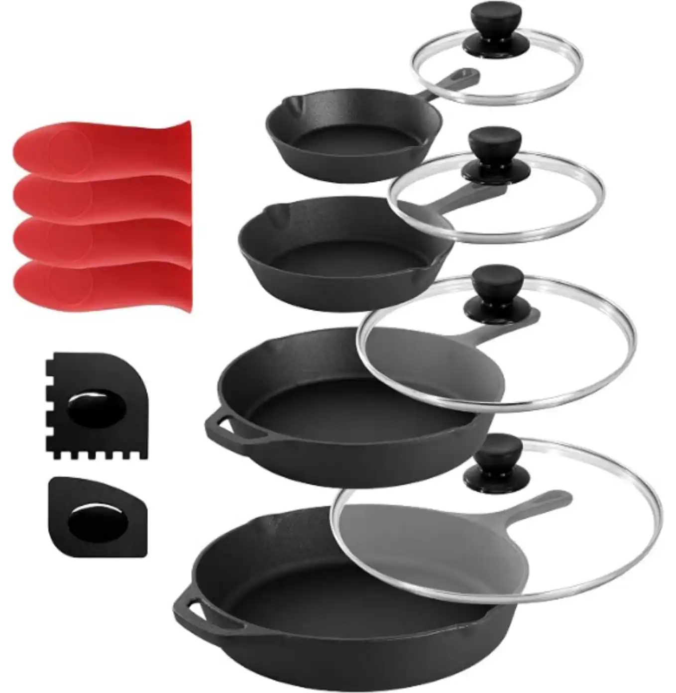MegaChef Thirteen Piece Pre-Seasoned Cast Iron Skillet Set with Tempered Glass Lids and Silicone Holders