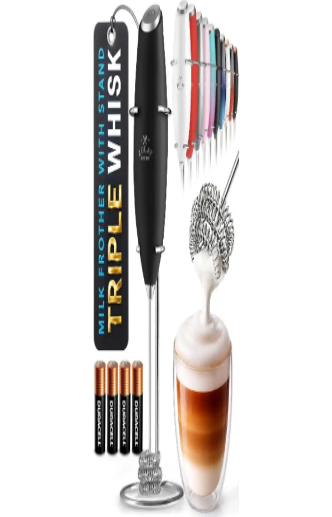 Zulay Kitchen Powerful Milk Frother Wand with Duracell Batteries Ultra Fast Handheld Drink Mixer with Triple Whisk