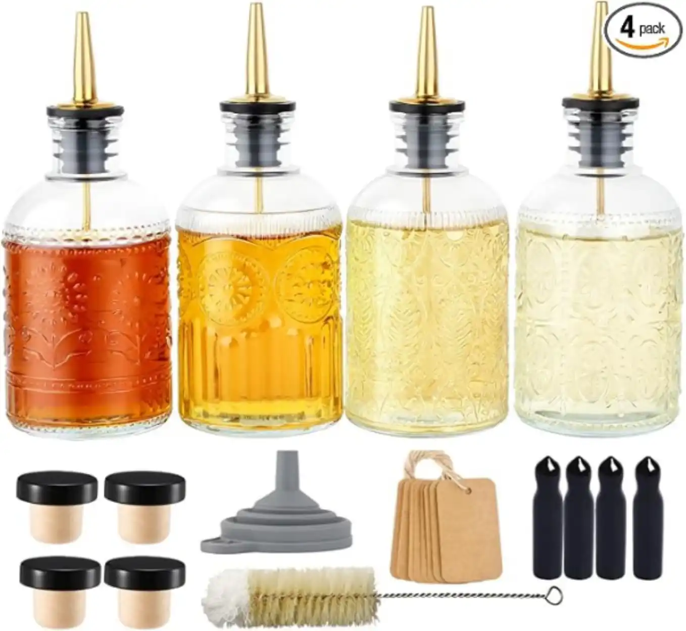 CALFATHN 7oz Glass Coffee Syrup Dispenser Bottles Set of 4 with Metal Pour Spout