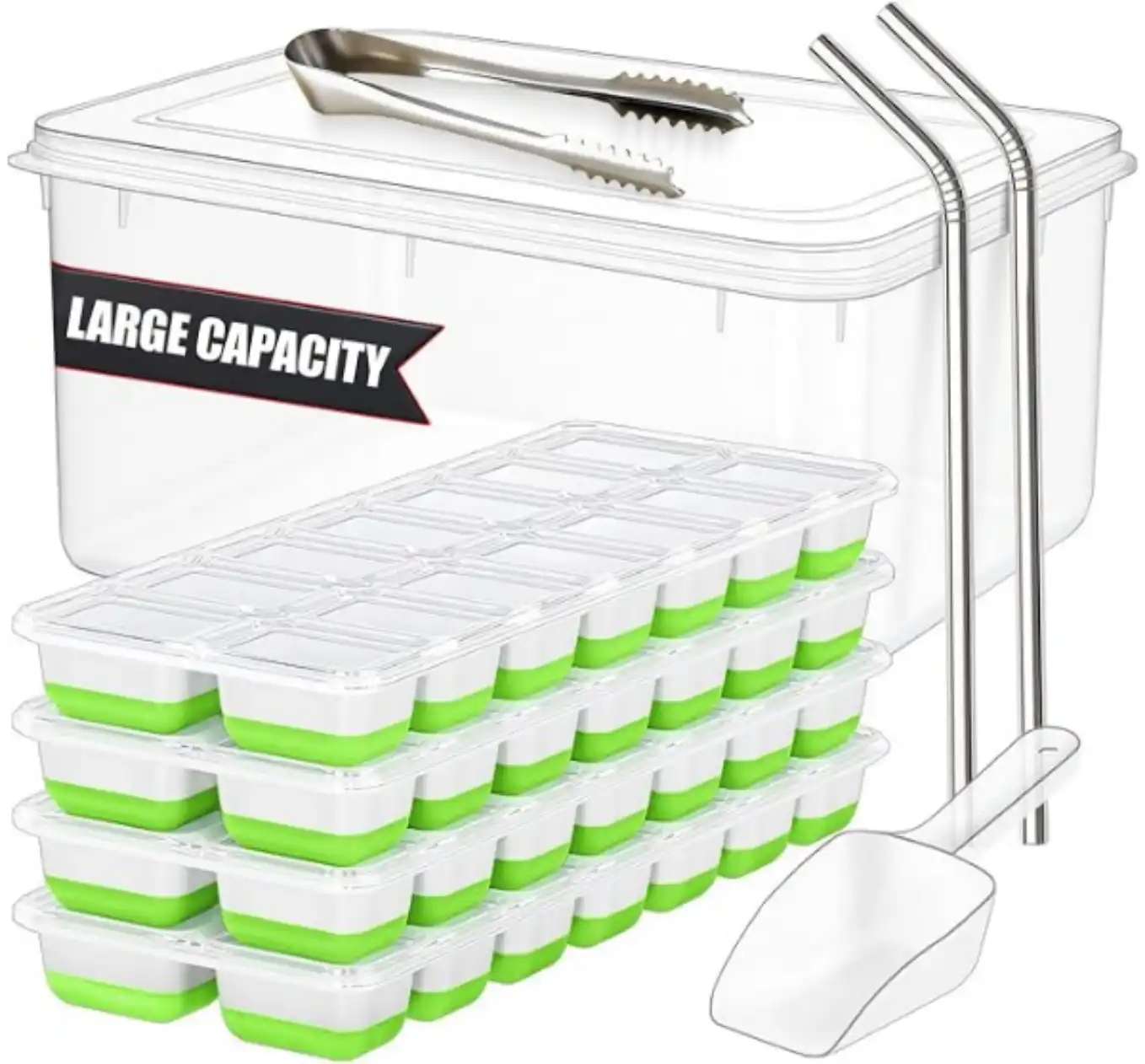 Cozy Kitchen Essentials 56pcs Ice Cube Tray with Lid, Storage Bin, Scoop, Tong and Straws Set