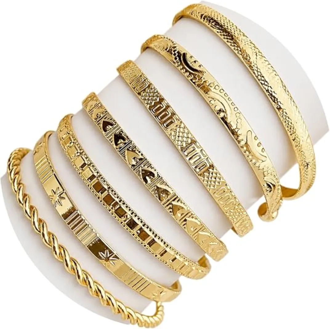 IFKM 14K Gold Plated Multi Layer Stackable Cuff Bangle Set for Women