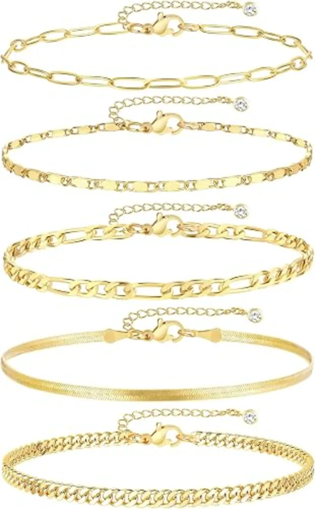 iF YOU Gold Ankle Bracelets for Women 14k Gold Plated Waterproof Cuban Link Layered Anklets Set