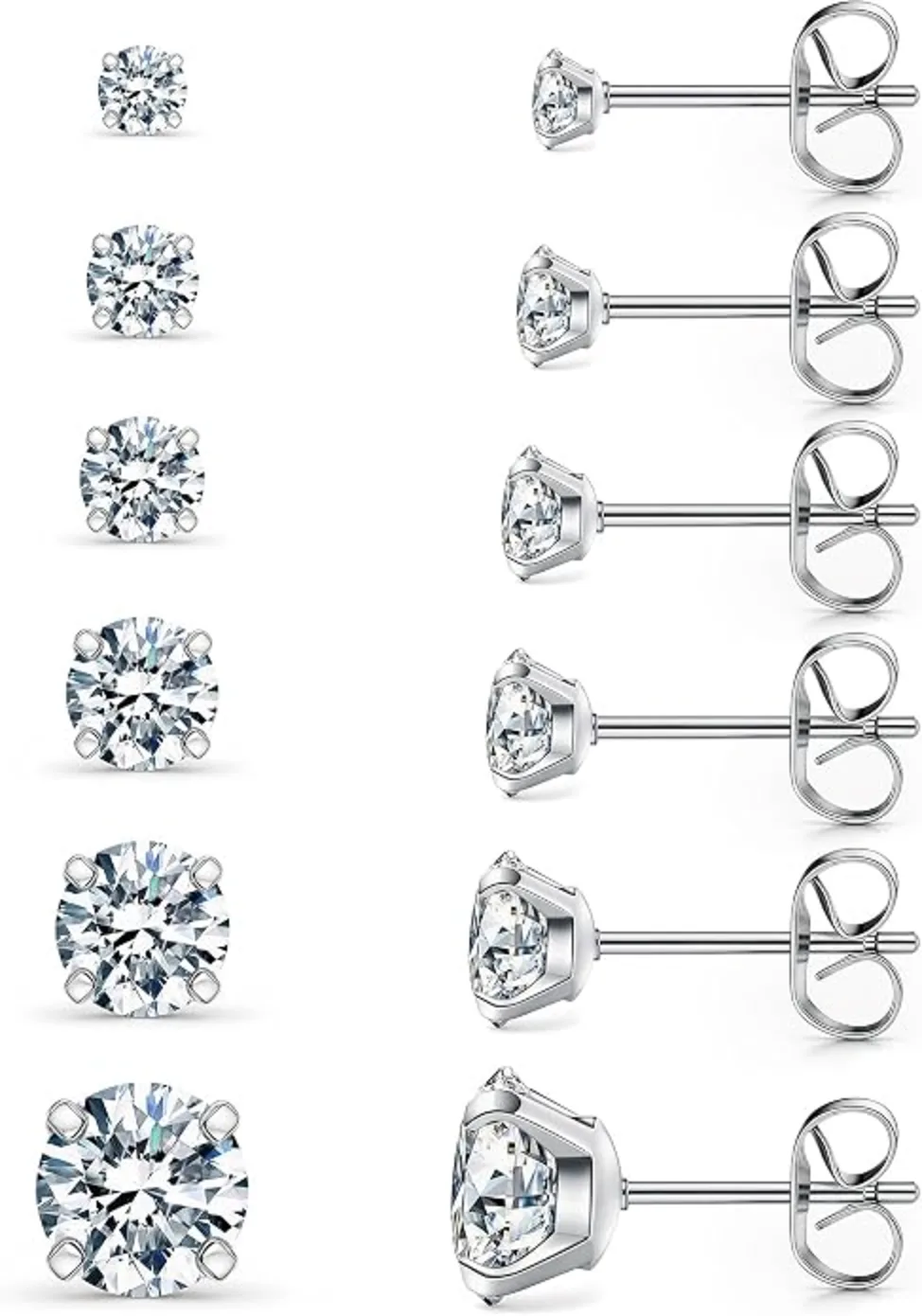 Wssxc 6 Pairs Hypoallergenic Cubic Zirconia Stud Earrings Set Stainless Steel 3-8mm