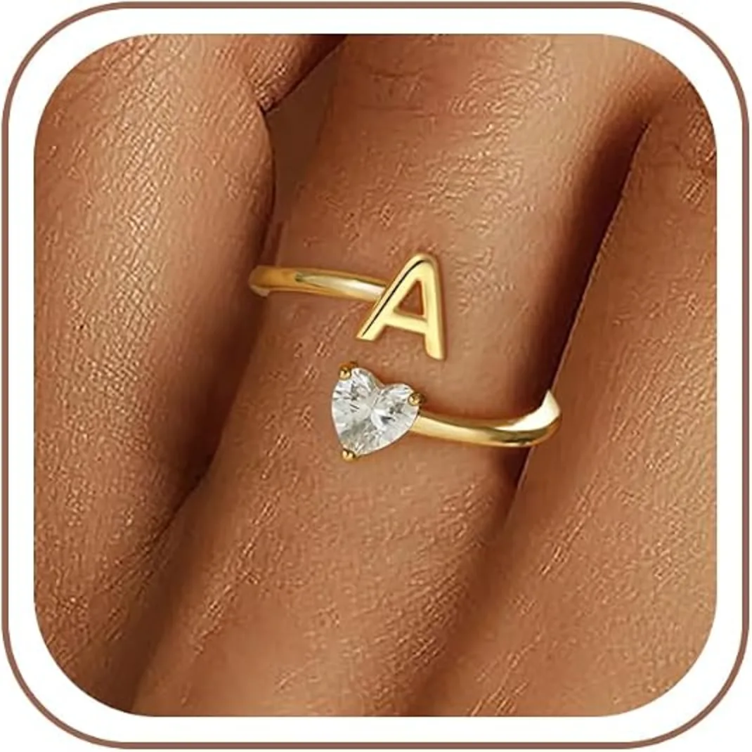 Fezodo 18K Gold Plated Adjustable Initial Letter Ring with Heart Zirconia