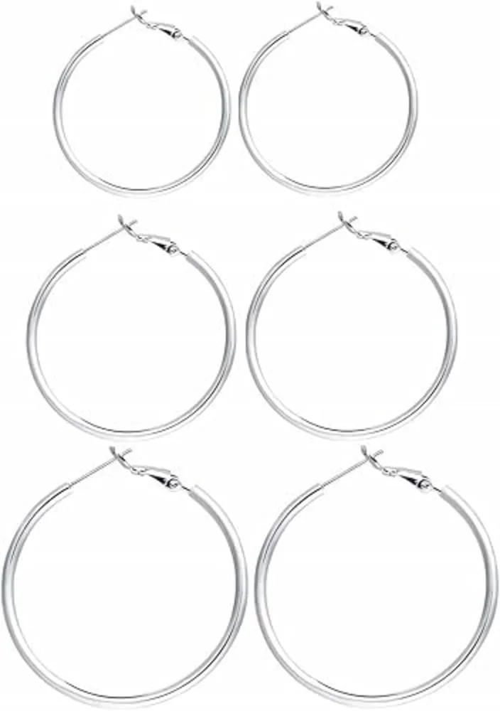RoseJeopal 3 Pairs Sterling Silver Large Hoop Earrings Set for Women 40 50 60MM 14K White Gold Plated Hypoallergenic Clip On Earrings
