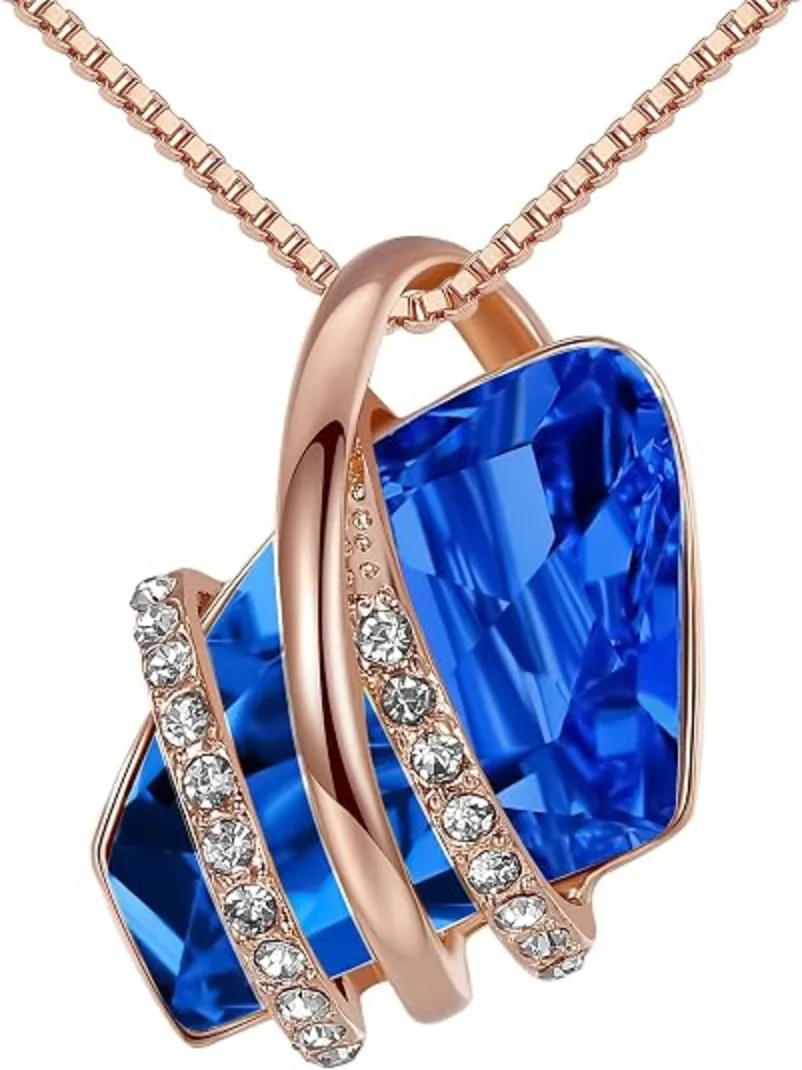 Leafael Wish Stone Pendant Necklace with September Birthstone Sapphire Blue Crystal 18K Rose Gold Plated 18 Inch Chain