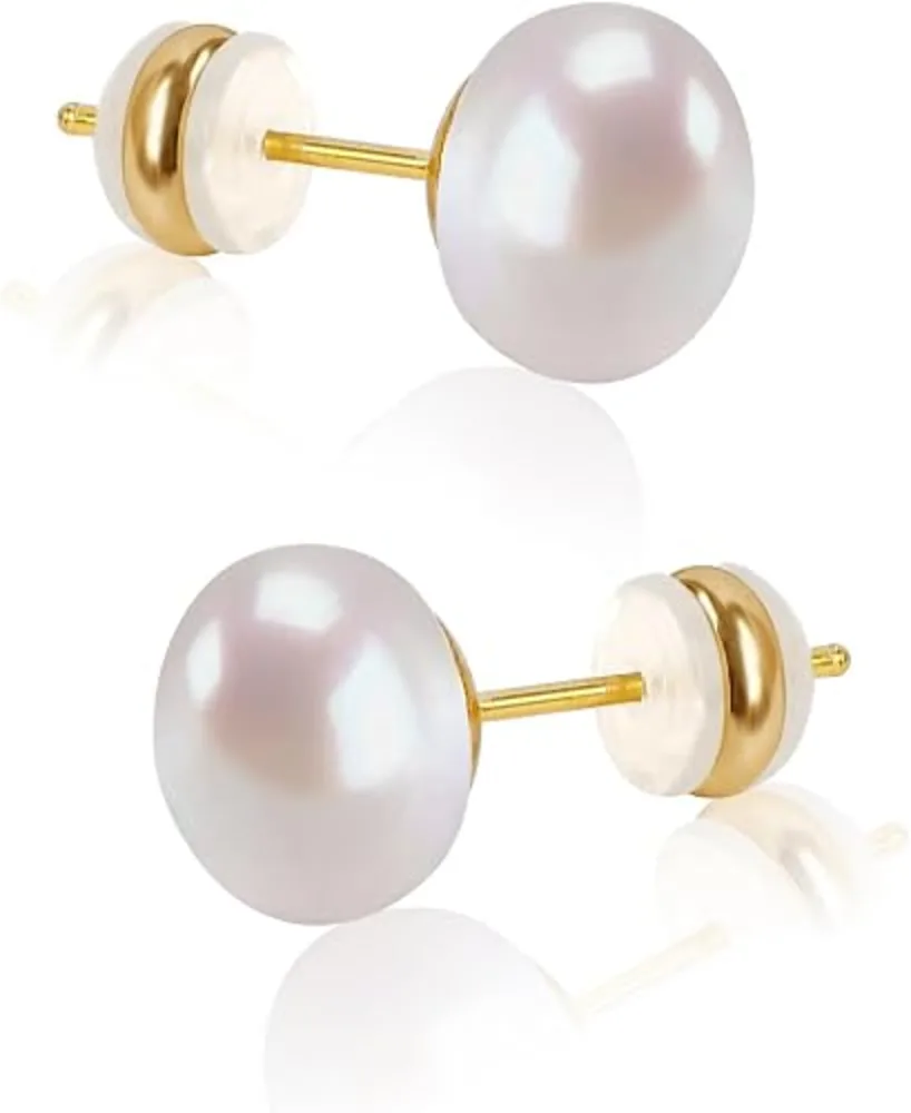 Jugalstar Freshwater Cultured Pearl Stud Earrings 18K Gold Plated Sterling Silver AAAA+ Quality Handpicked Hypoallergenic Jewelry