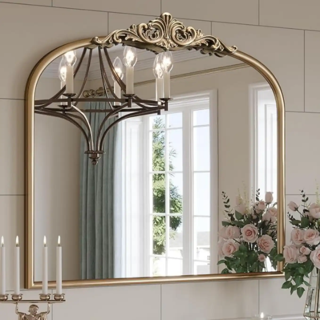 Wiserset Antique Gold Ornate Wide Arched Mirror Thirty Six Inches Wide By Thirty Inches Long