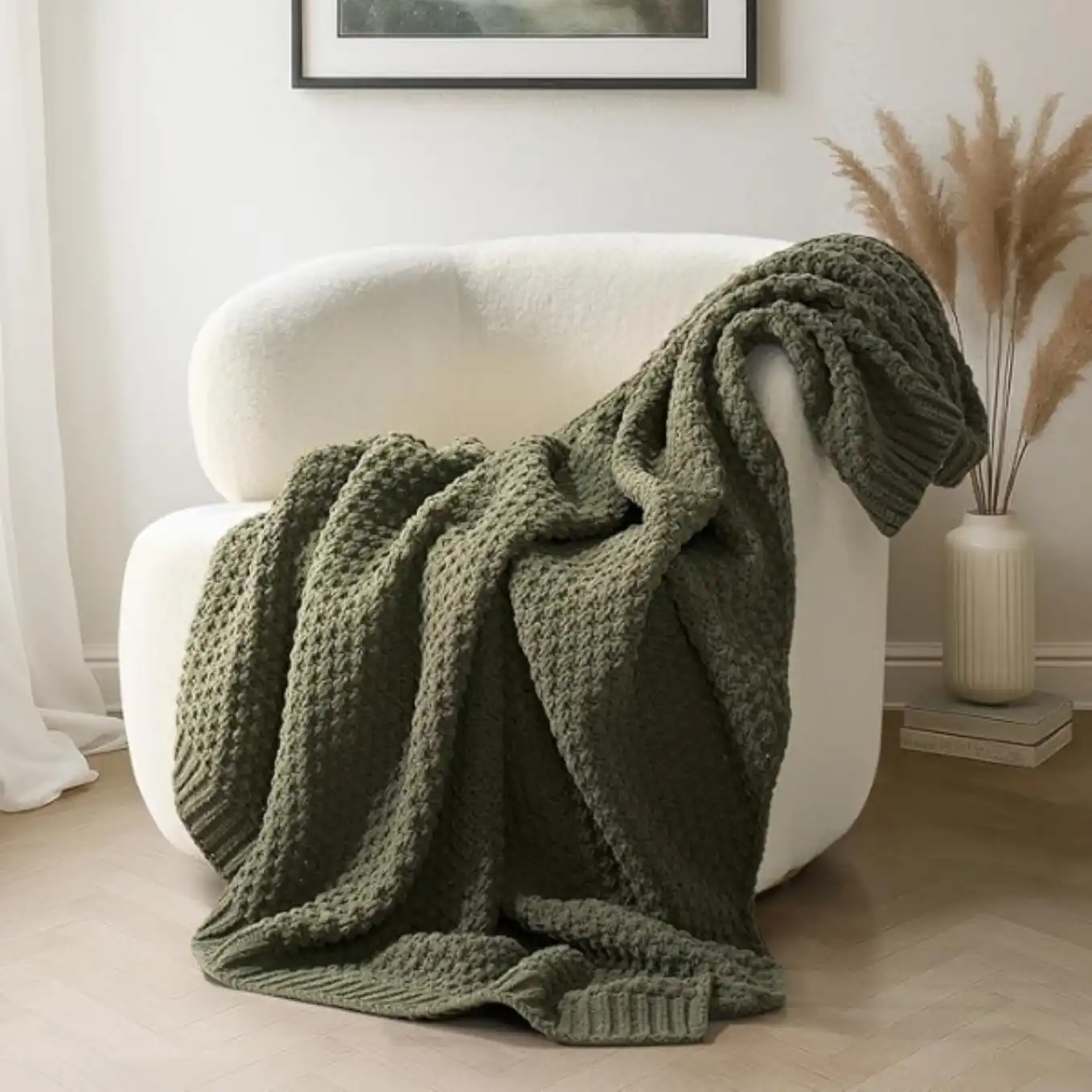 EVERGRACEHOME Chunky Chenille Knit Throw Blanket 50 x 60 Olive Green