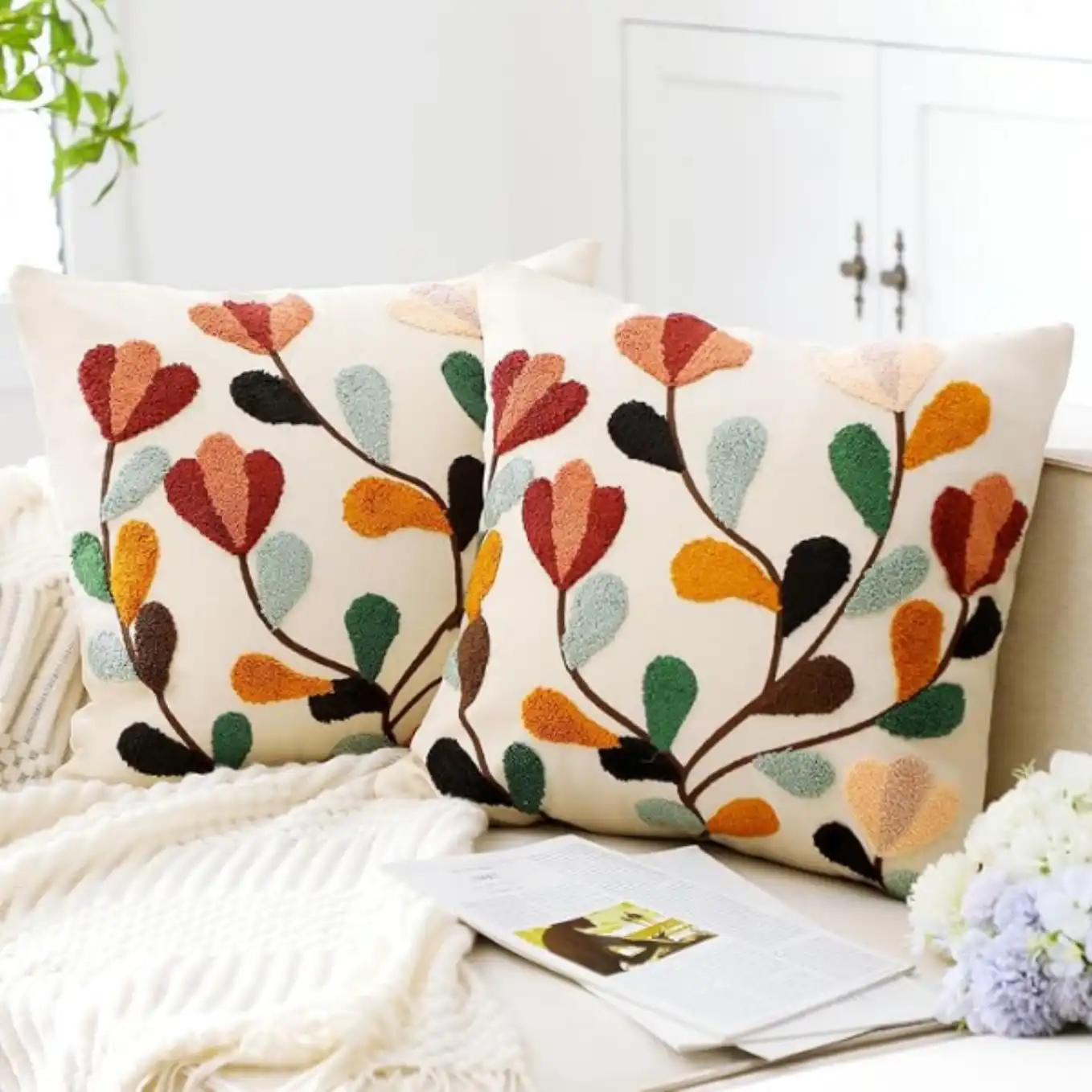 FuWeave 2 Pcs Hydrangea Floral Embroidered Throw Pillow Covers 18x18 Inches