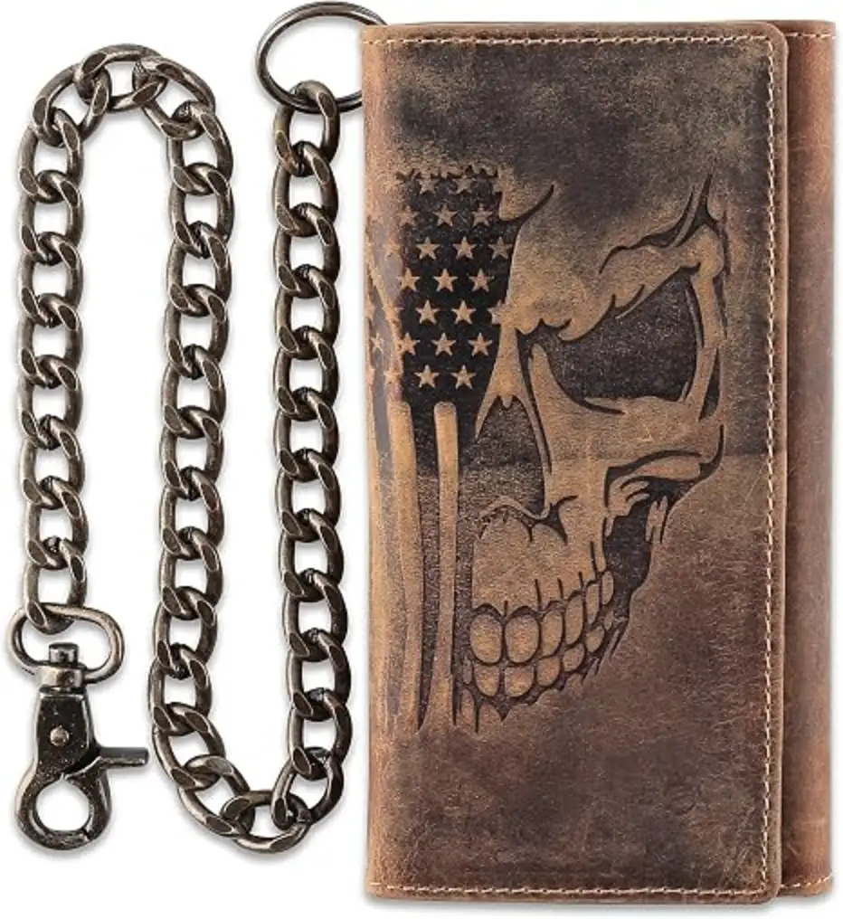 F&L CLASSIC RFID Blocking Mens Tri-fold Long Style Cowhide Leather Steel Chain Wallet Brown Flag Skull